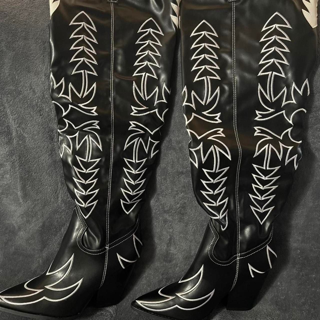 Shein Black and White Contrast Stitch Cowboy Boots