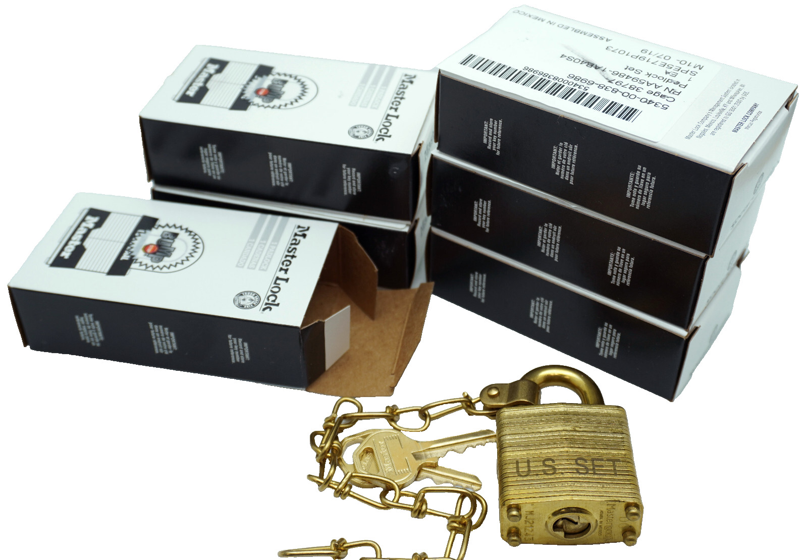 Lot (6) Master Lock DG Commercial Brass Military Padlocks w/Chain - Keyed Alike