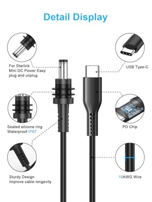 Starlink Mini DC Cable - 100W Input Power Cable 6.6FT USB C to DC