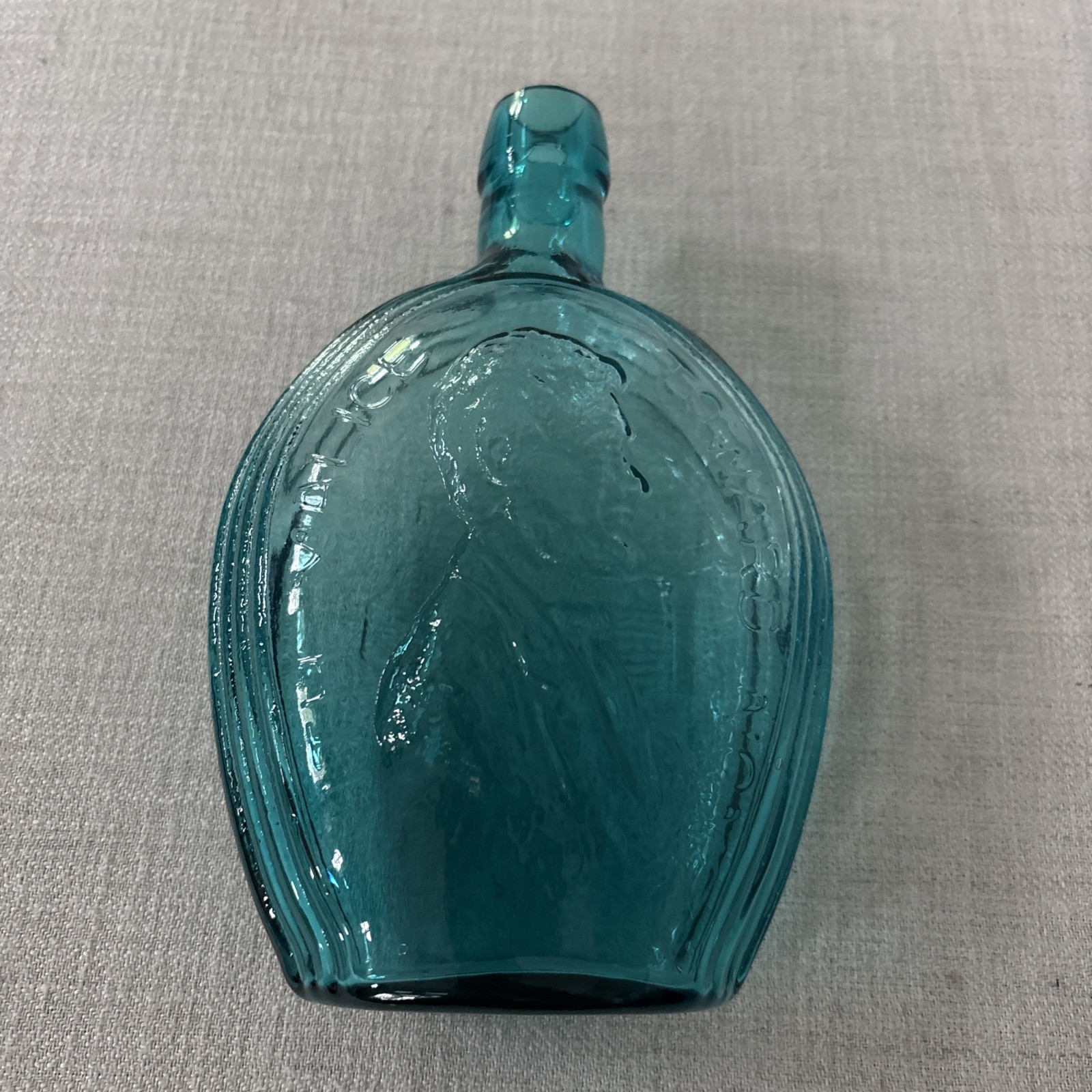 Abraham Lincoln Teal Blue Translucent Glass Bottle Malice Toward None Vintage