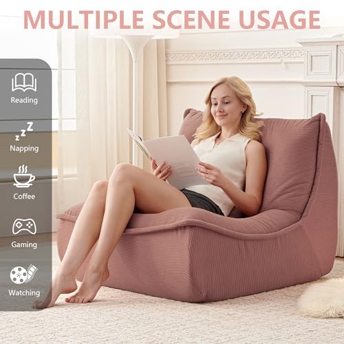 Bean Bag Chair for Adults, Single Lounge Chair with Lumbar Pillow, Comfy Pink