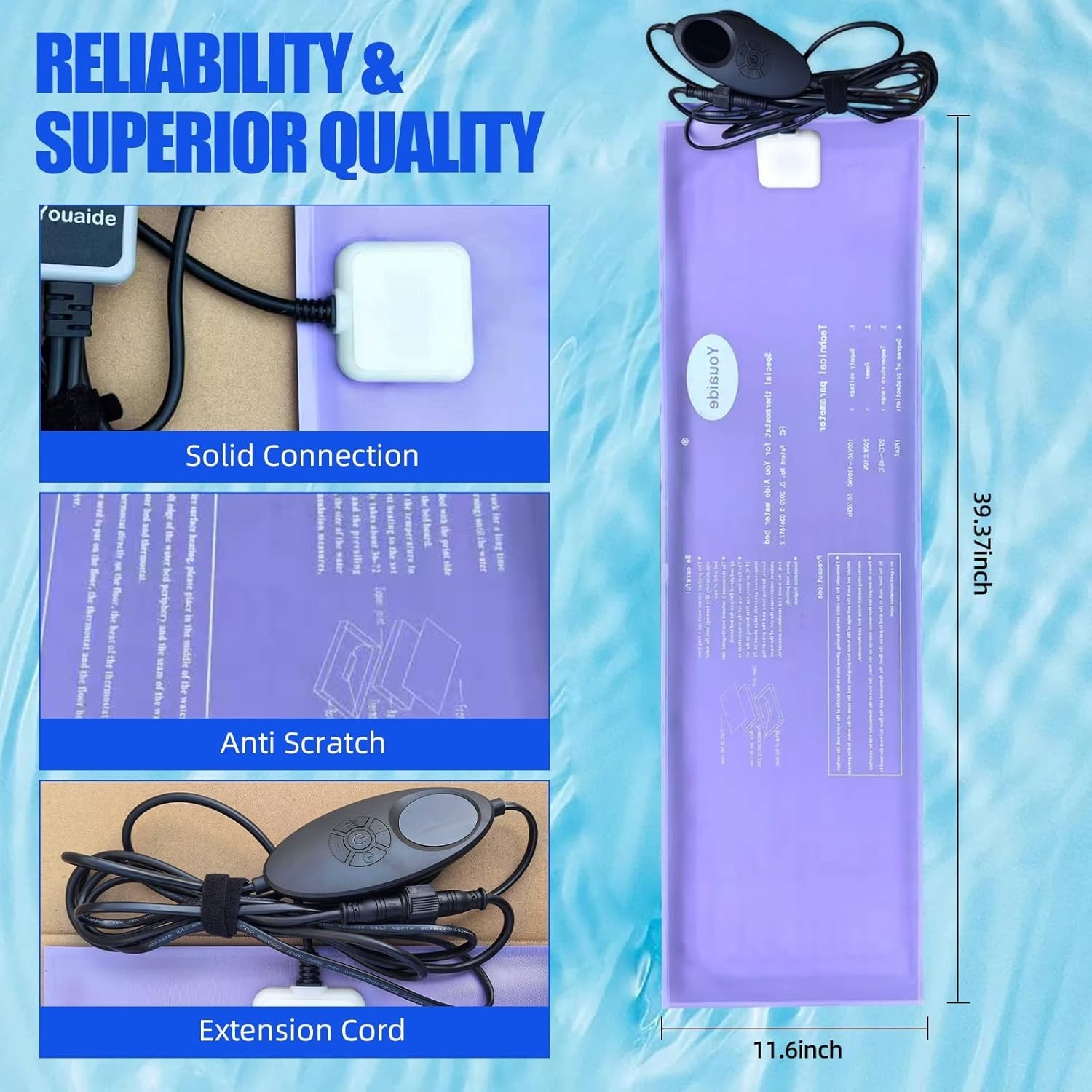 Smart Waterbed Heater with LED Digital Controller, 250W Waterbed Heating Pad