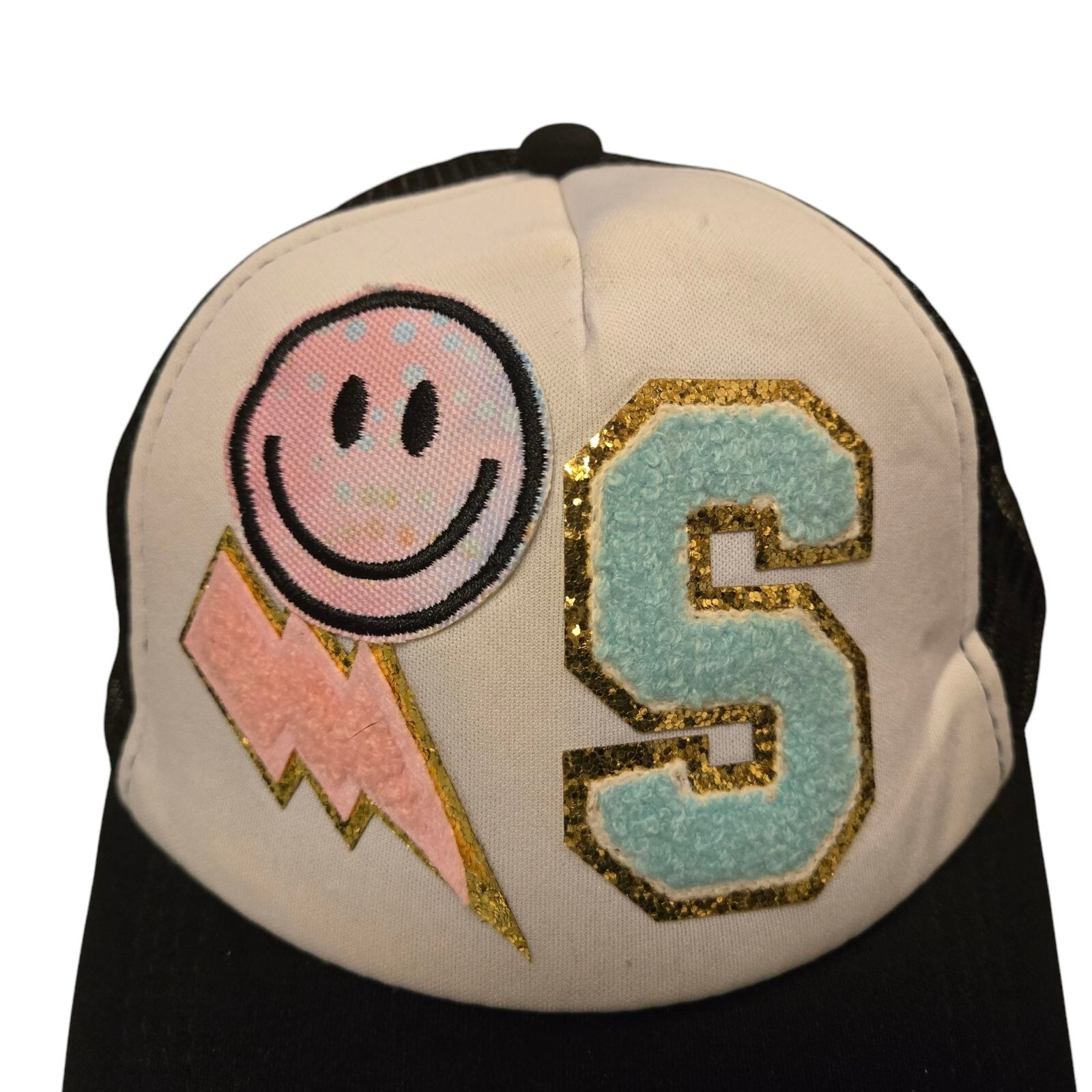 Letter S Trucker Hat Black White Mesh Snapback Smiley Face Lightning Bolt READ