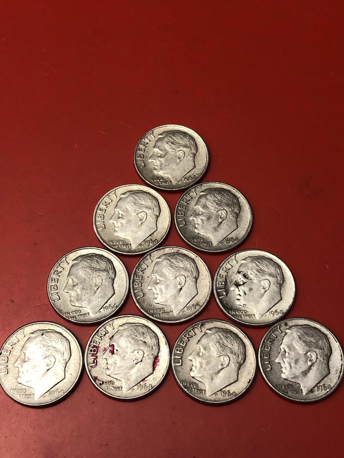 US Silver Dimes, Lot Of 10, Circ, Rosie’s, 1964 Or Before.
