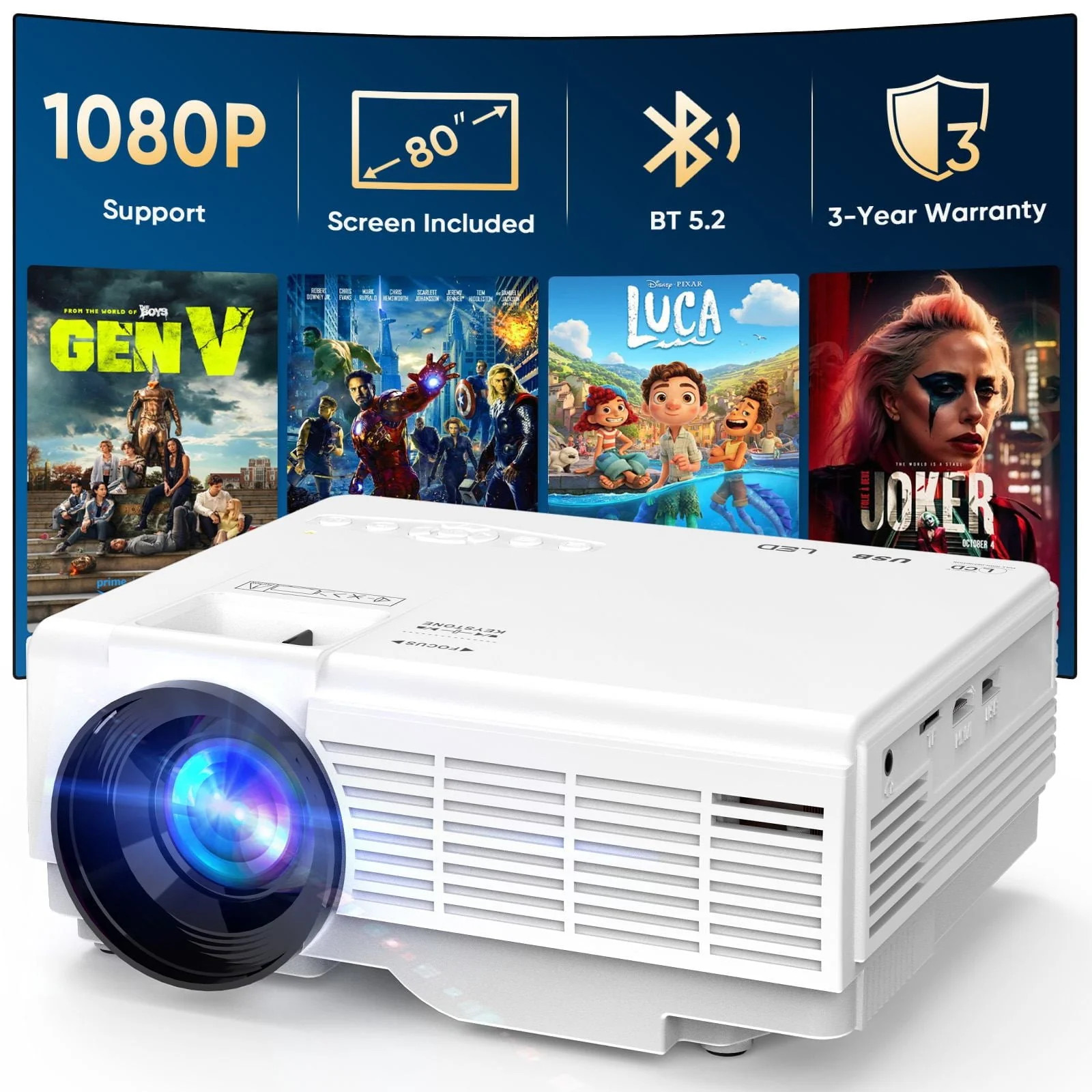 Mini Projector with 80-Inch Screen, Native 720P Resolution, 1080P and 4K Sup