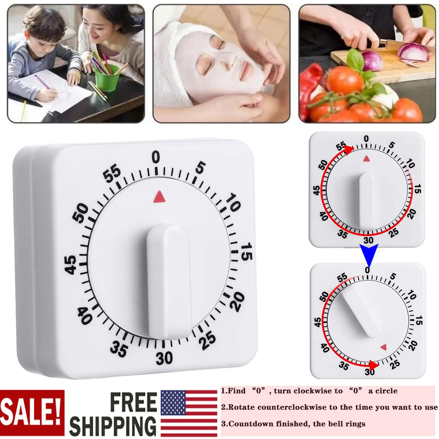 1/2x Square 60-minute Mechanical Kitchen Timer Battery-free Learning Alarm Clock