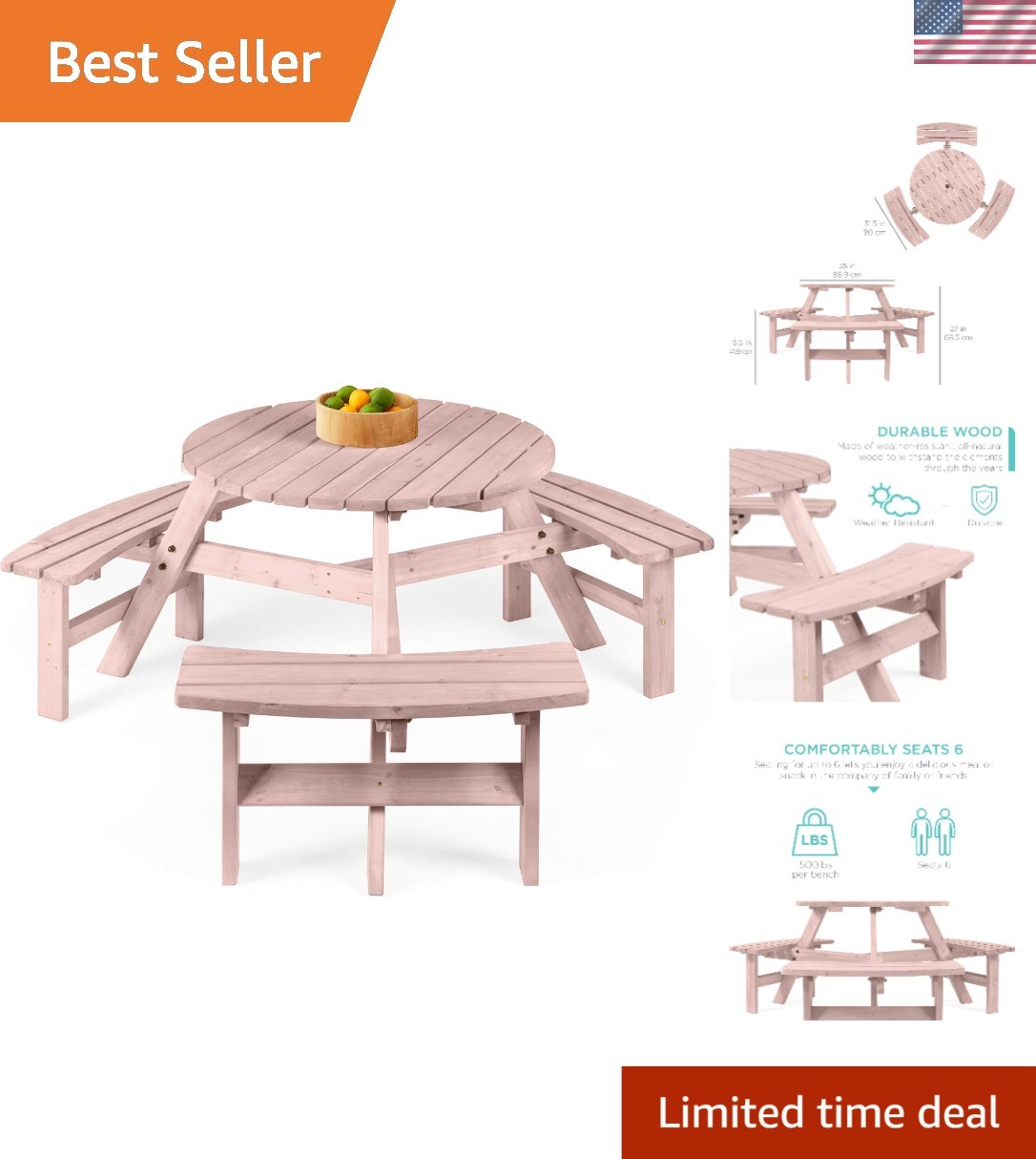 Elegant 6-Person Outdoor Wooden Picnic Table with Built-in Benches - Rose Quartz