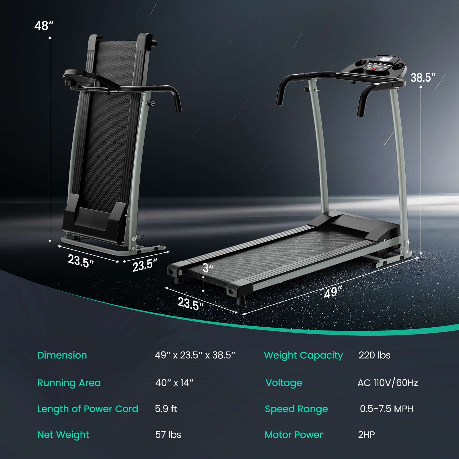800W Foldable Treadmill Electric Motorized Power Indoor Workout Running Machine