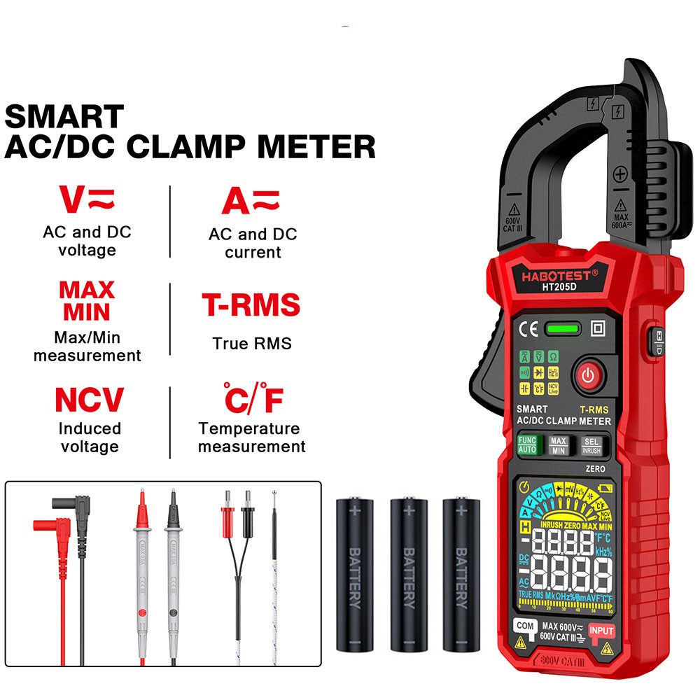 HABOTEST HT205D Handheld AC DC Multimeter NCV Volt Am Ohm True RMS with Battery