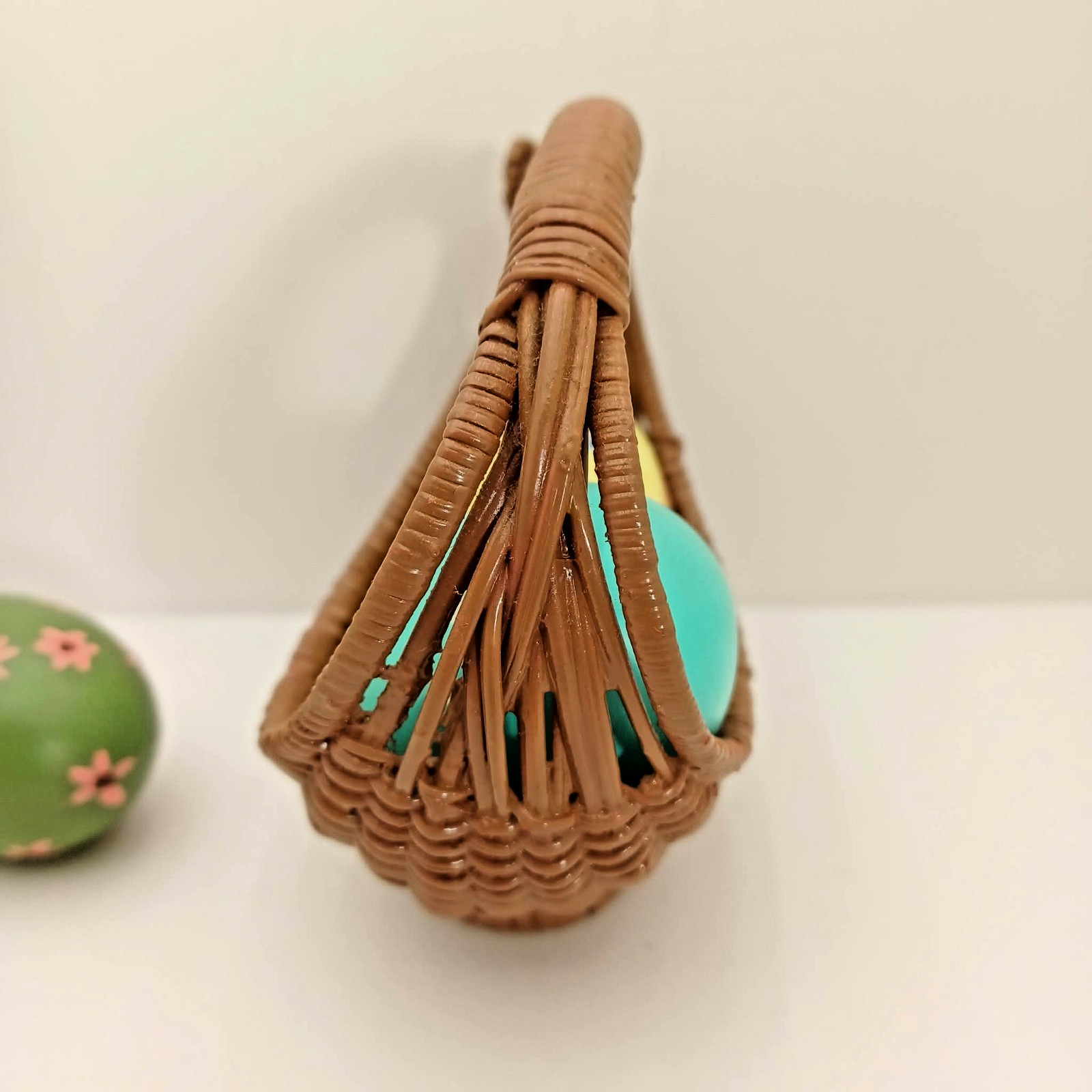 Vintage Small Easter Bunny Brown Wicker Basket 5” With Three 2.25" Ceramic Eggs
