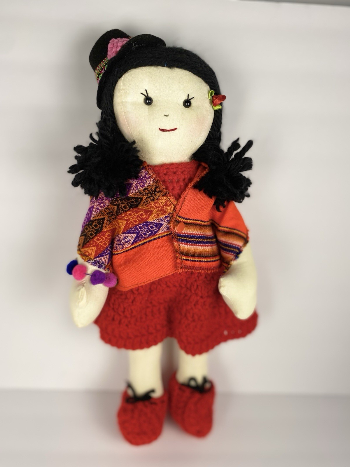 Peruvian Doll Handmade, With A Crochet Dress And Peruvian Pashmina And Hat