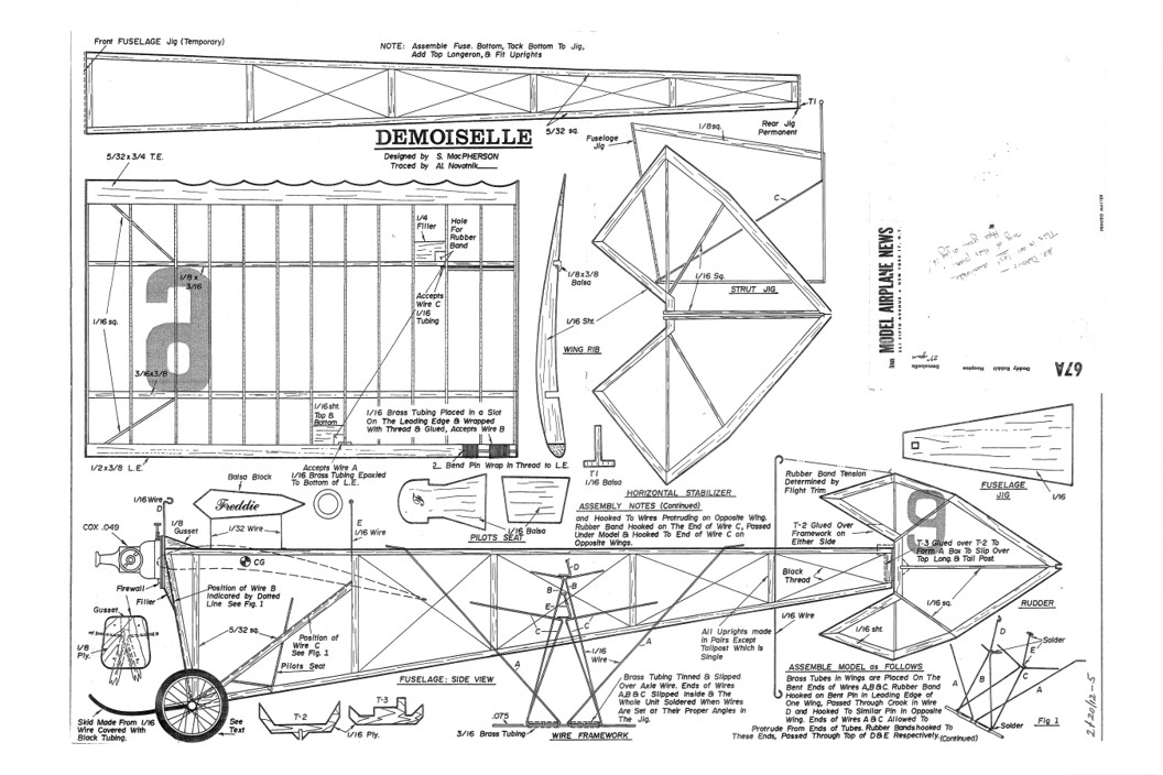 DEMOISELLE PLAN + CONSTRUCTION ARTICLE & Scale Data for 1/2A FF Model Airplane