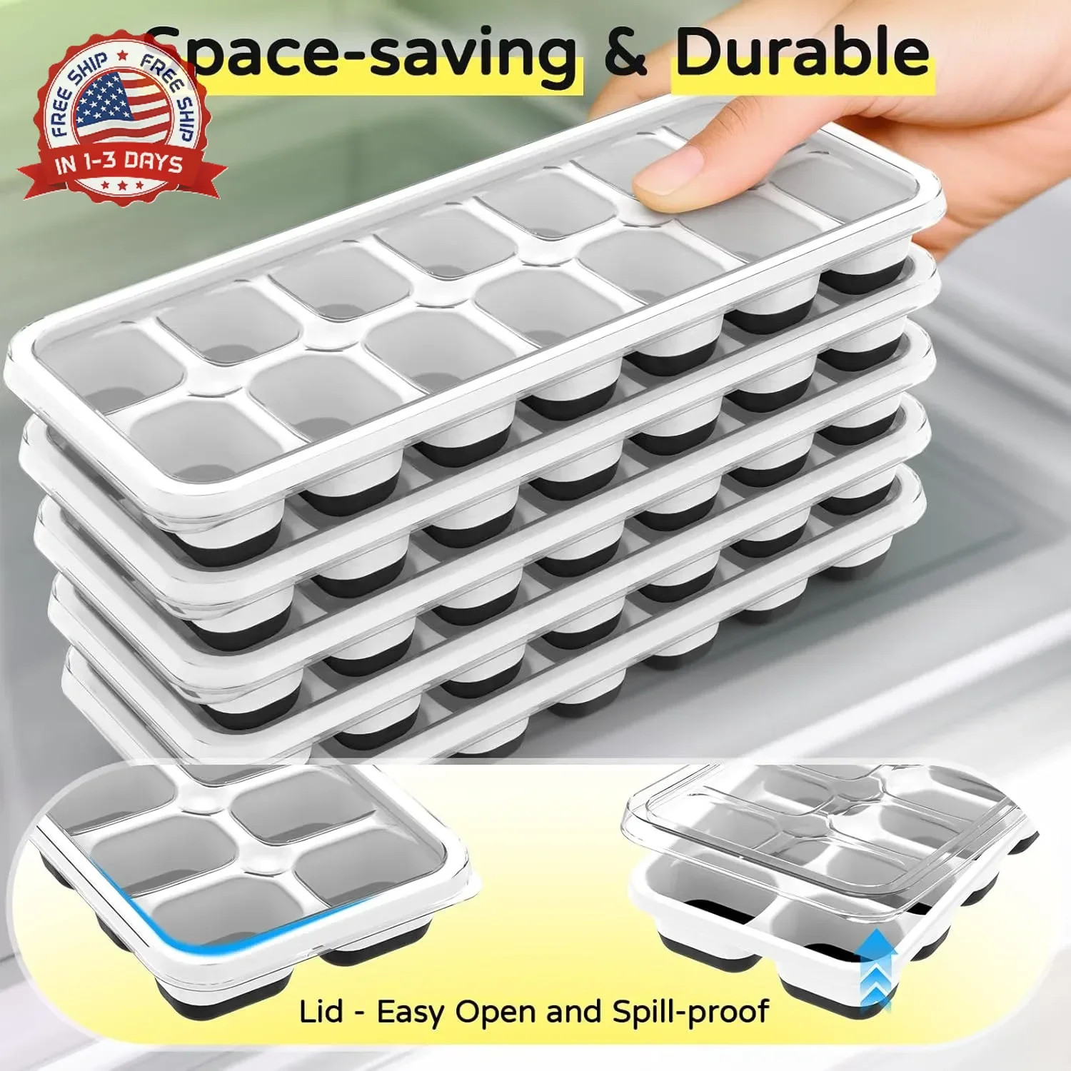 Ice Cube Tray 5 Pack, Stackable Silicone Ice Cube Trays with Lid- Easy Release R
