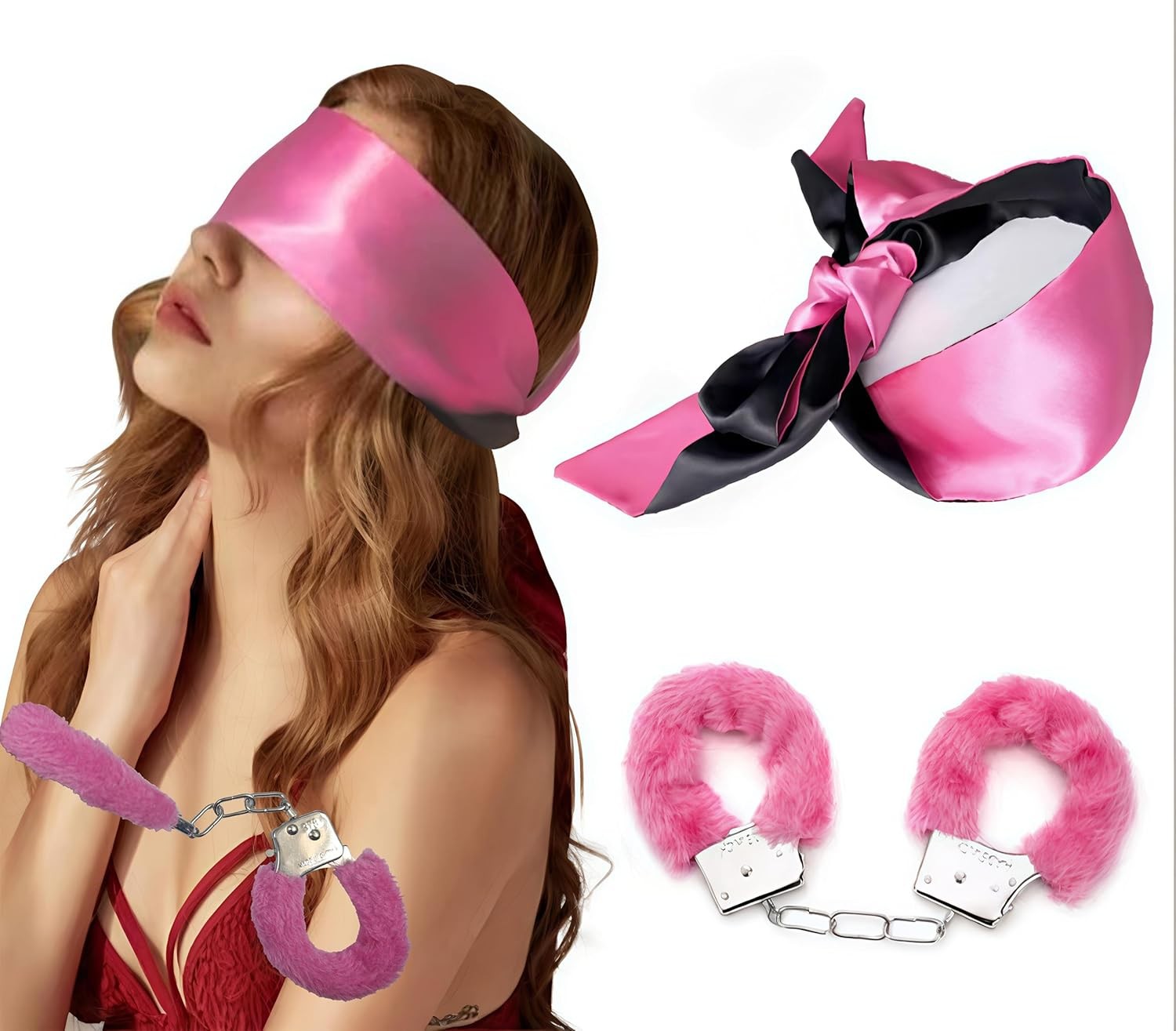 BDSM Kit Sexy Plush Toy Handcuffs with Keys and Satin Bandage Blindfold Eye Mask