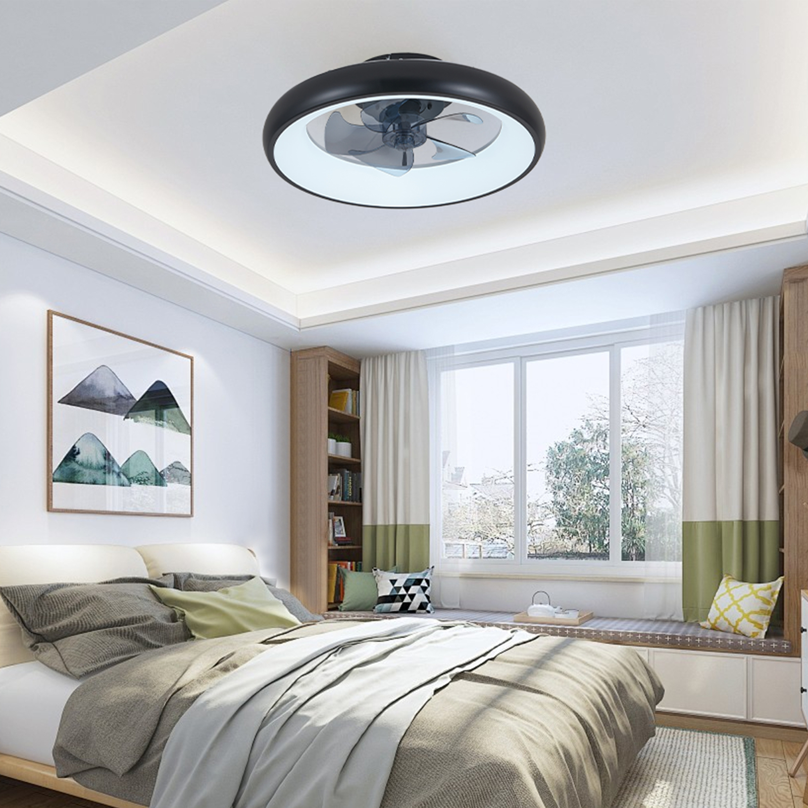 20" Black LED Ceiling Fan Light Flush Mount Modern kit With Remote APP Control