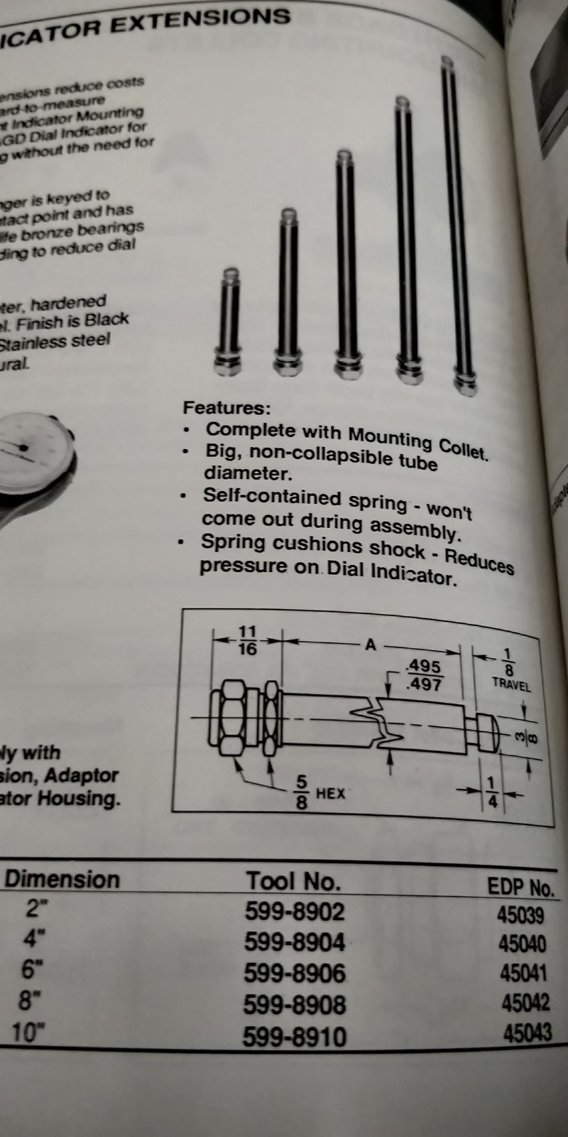 Brown & Sharpe 599-8902 2" Extension for Dial Indicator NOS