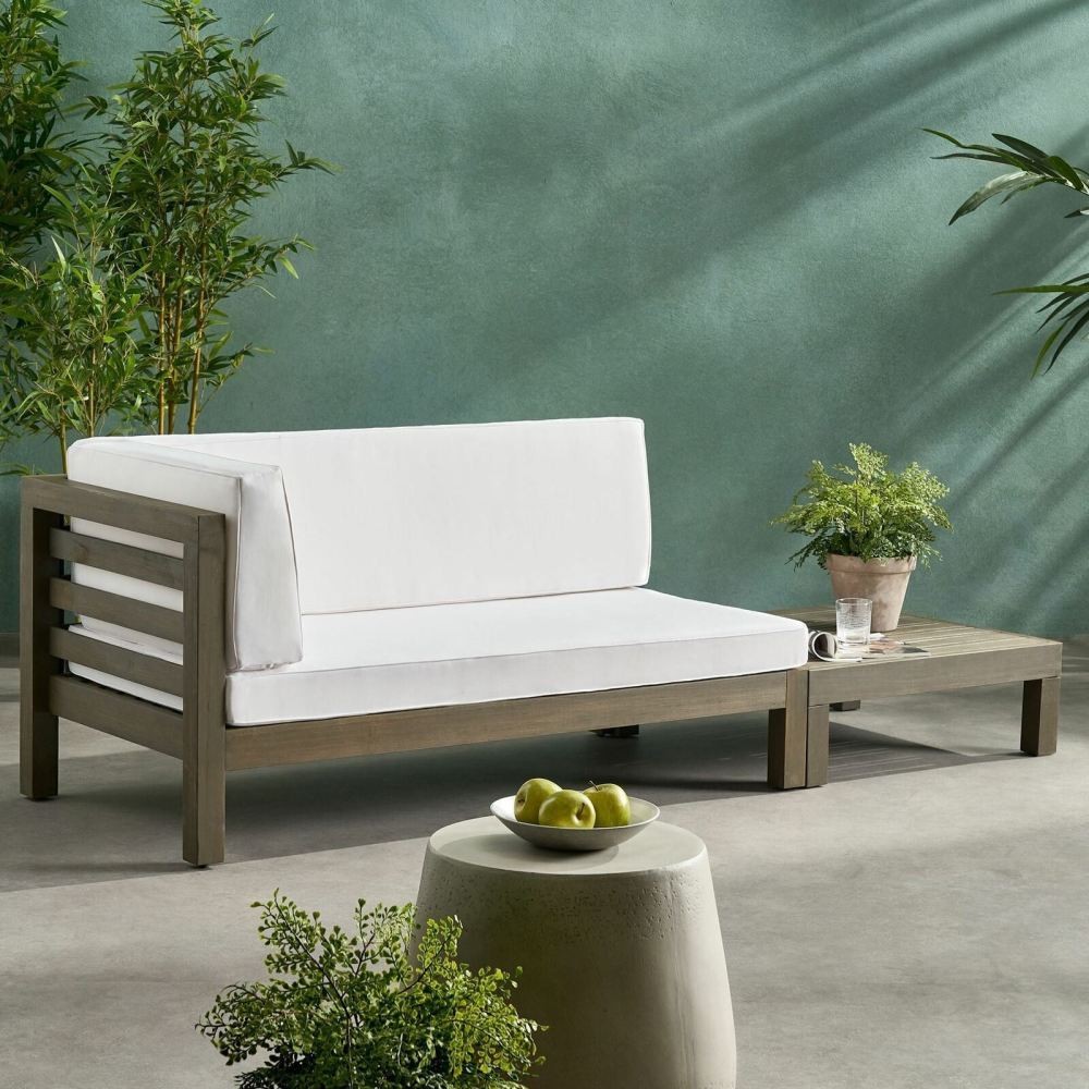 Left-Arm Loveseat & Coffee Table Patio Set w/ Cushions, White Acacia Wood