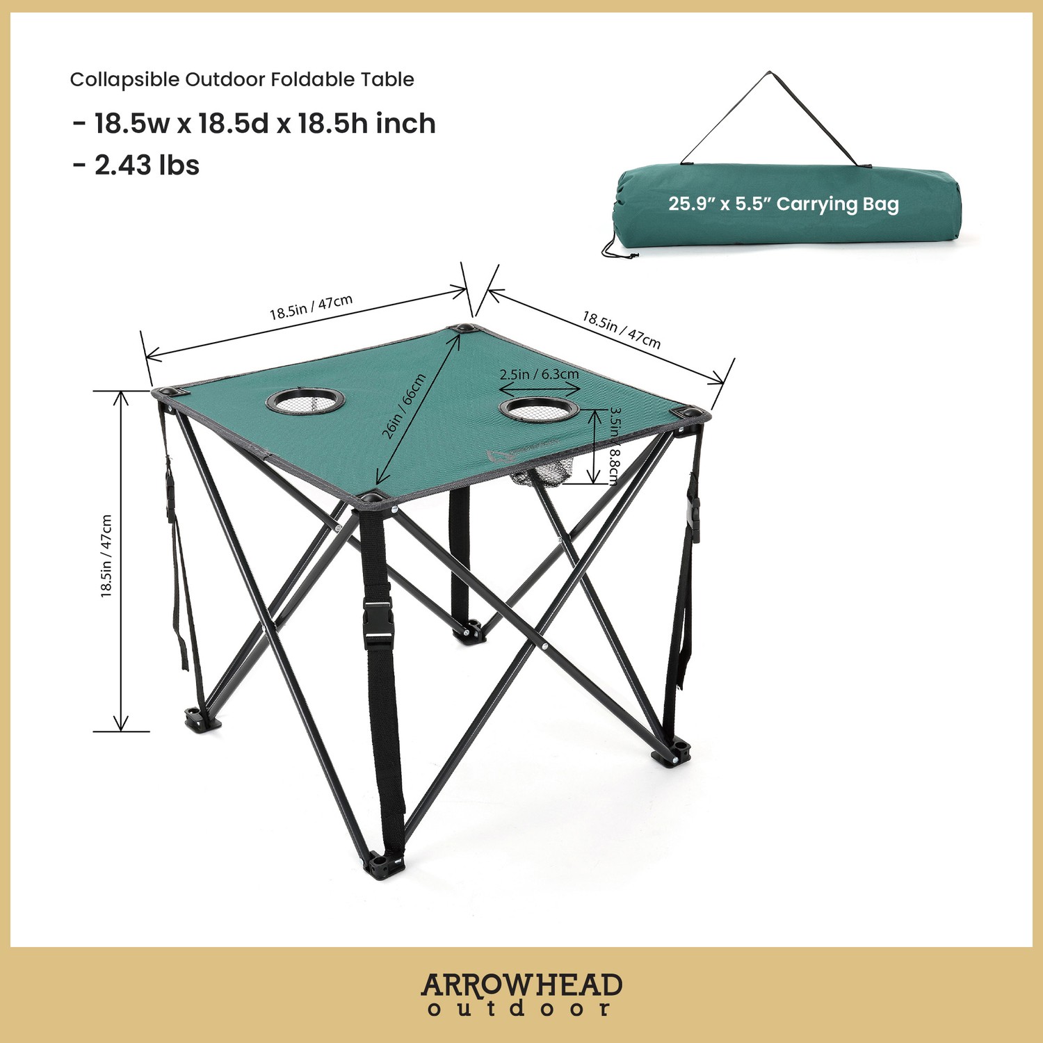 Portable Folding Camping Table 18.5" x 18.5", 2 Cup-Holders, Carry Bag