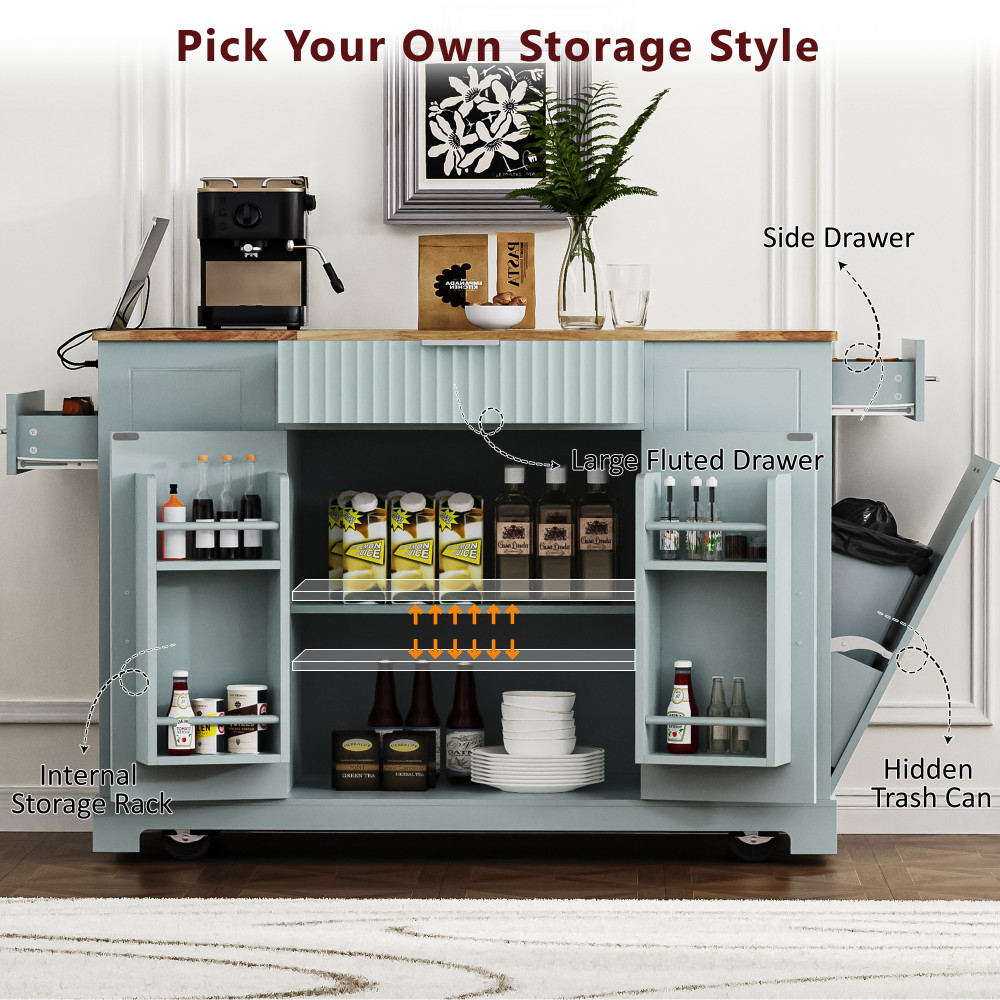 K&K Fluted Kitchen Island with Trash Can Storage Cabinet, Power Outlet