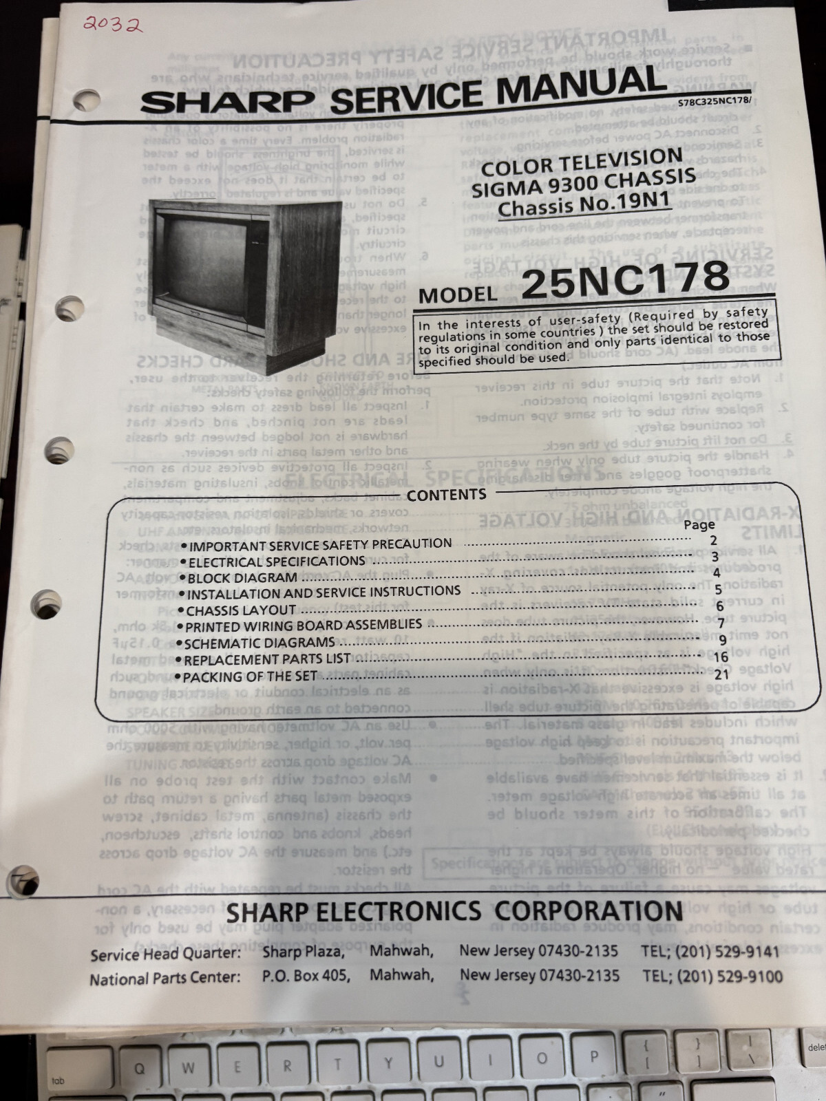 ORIG. SHARP 25NC178 TV Repair & Service Manual *ORIGINAL*