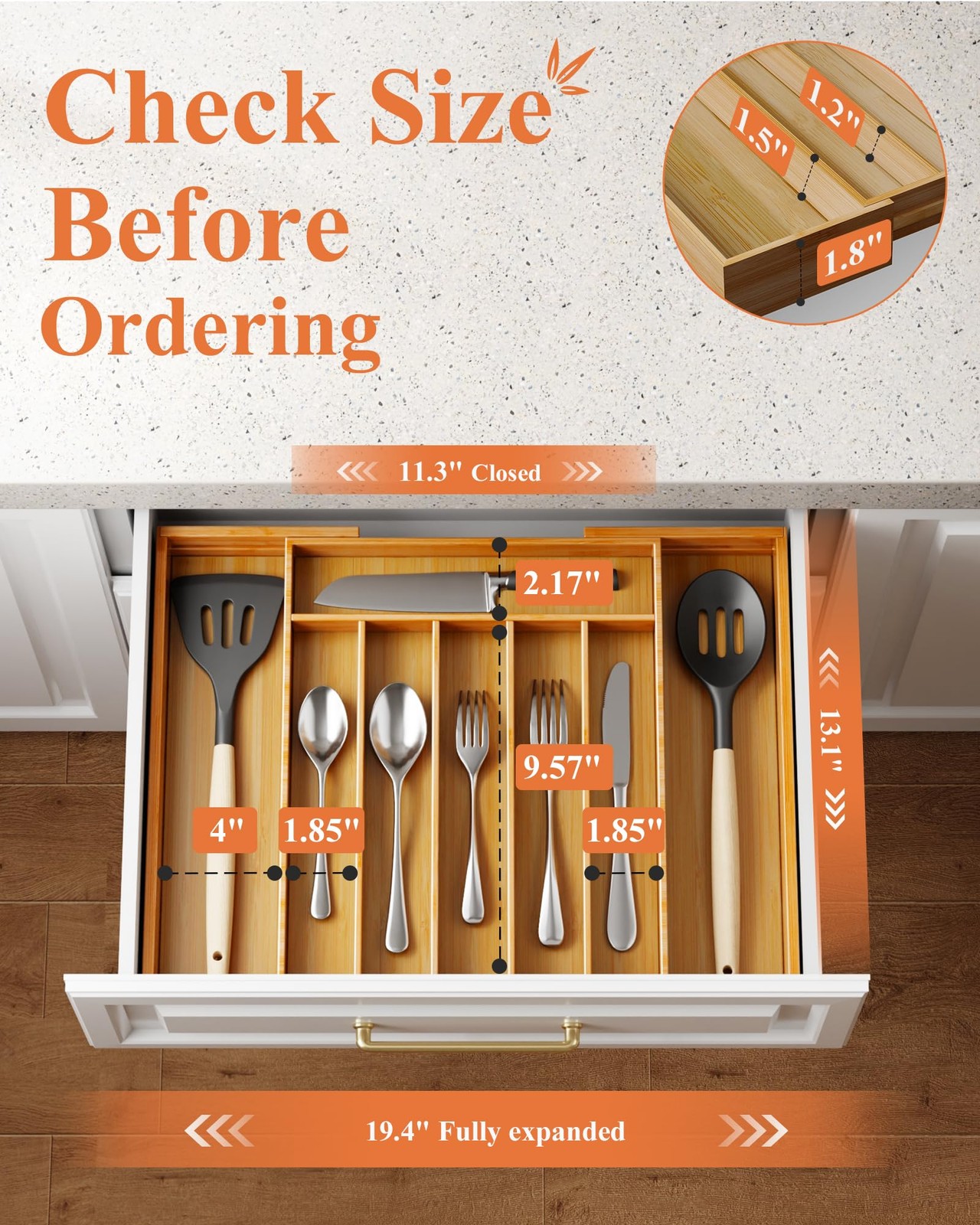 Kitsure Large Bamboo Silverware Organizer - Expandable Extra Large, Natural