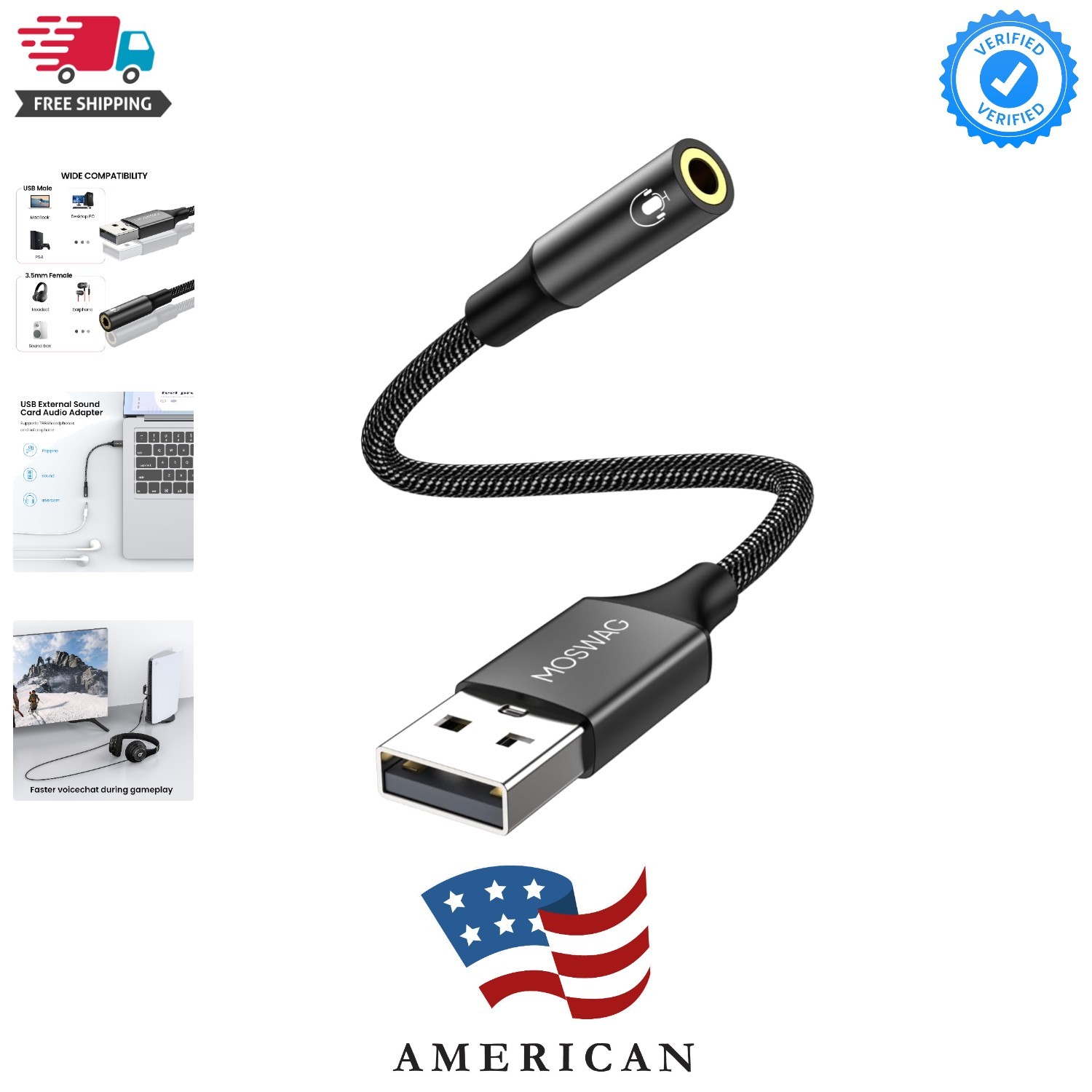 USB to 3.5mm Jack Audio Adapter 0.65Feet/20cm, External Sound Card Support Mi...