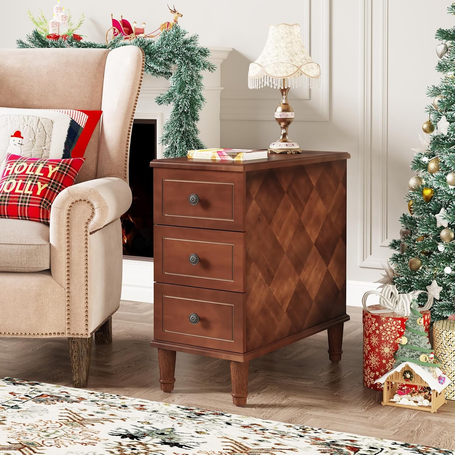 Solid Wood End Table – Narrow Side Table with Drawers
