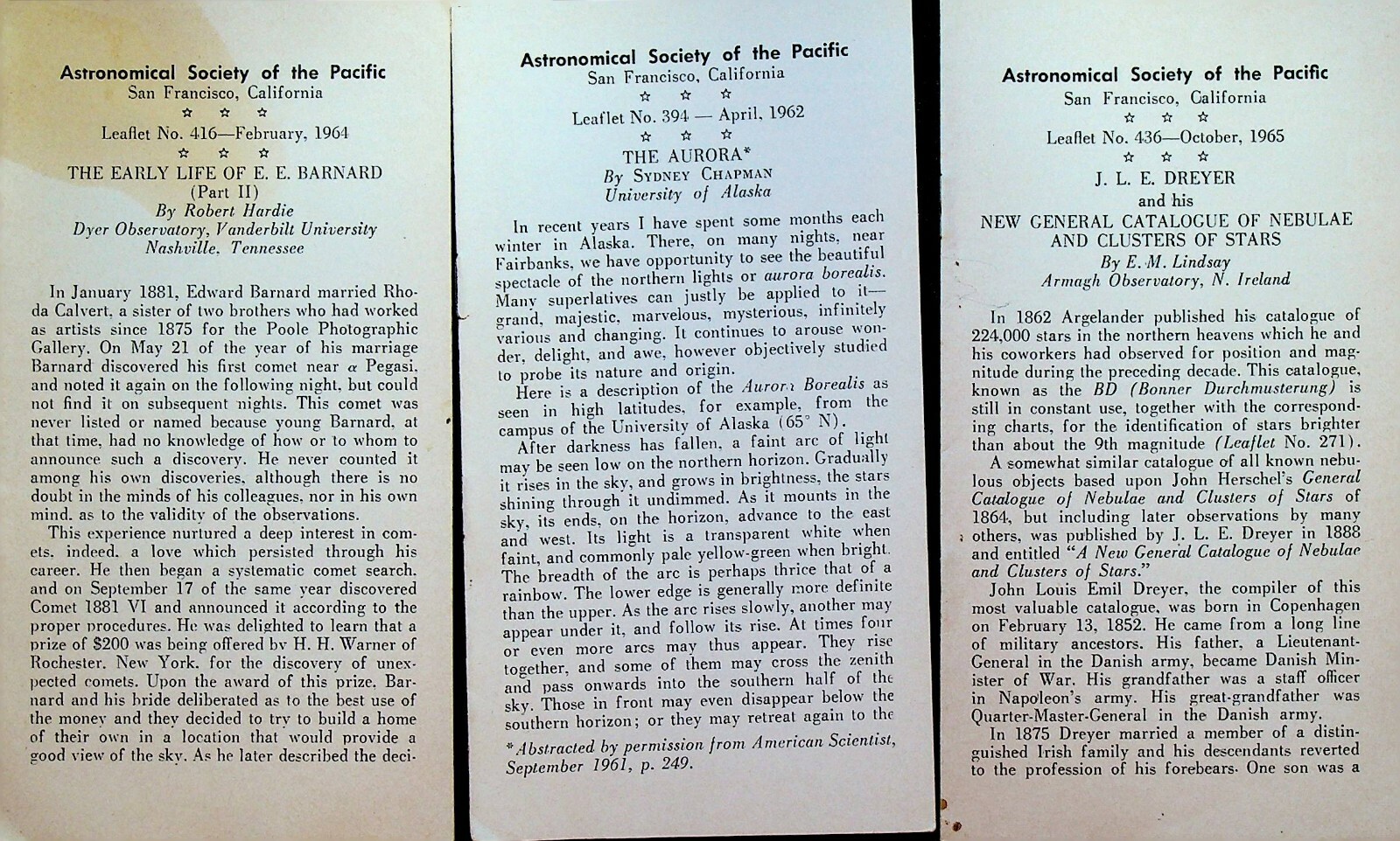 Astronomical Society of the Pacific Leaflet Lot of 3 EE Barnard JLE Dreyer