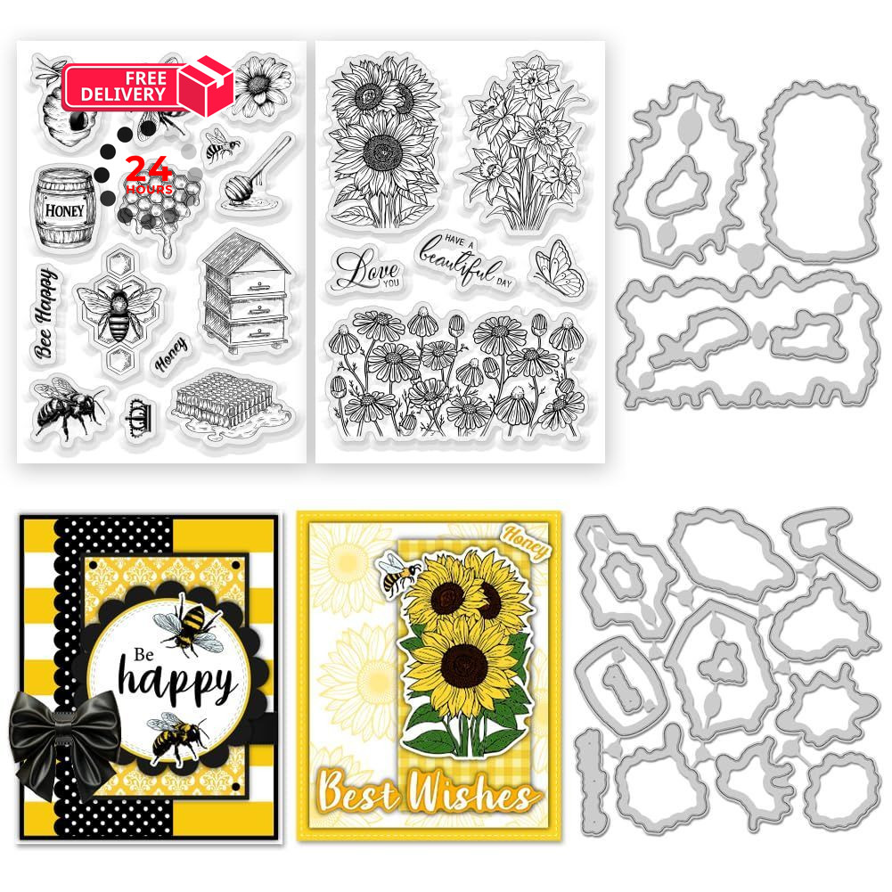 ACRNIGHEET 40Pcs Bees Sunflowers Clear Stamps and 4.3 inches x 6.3