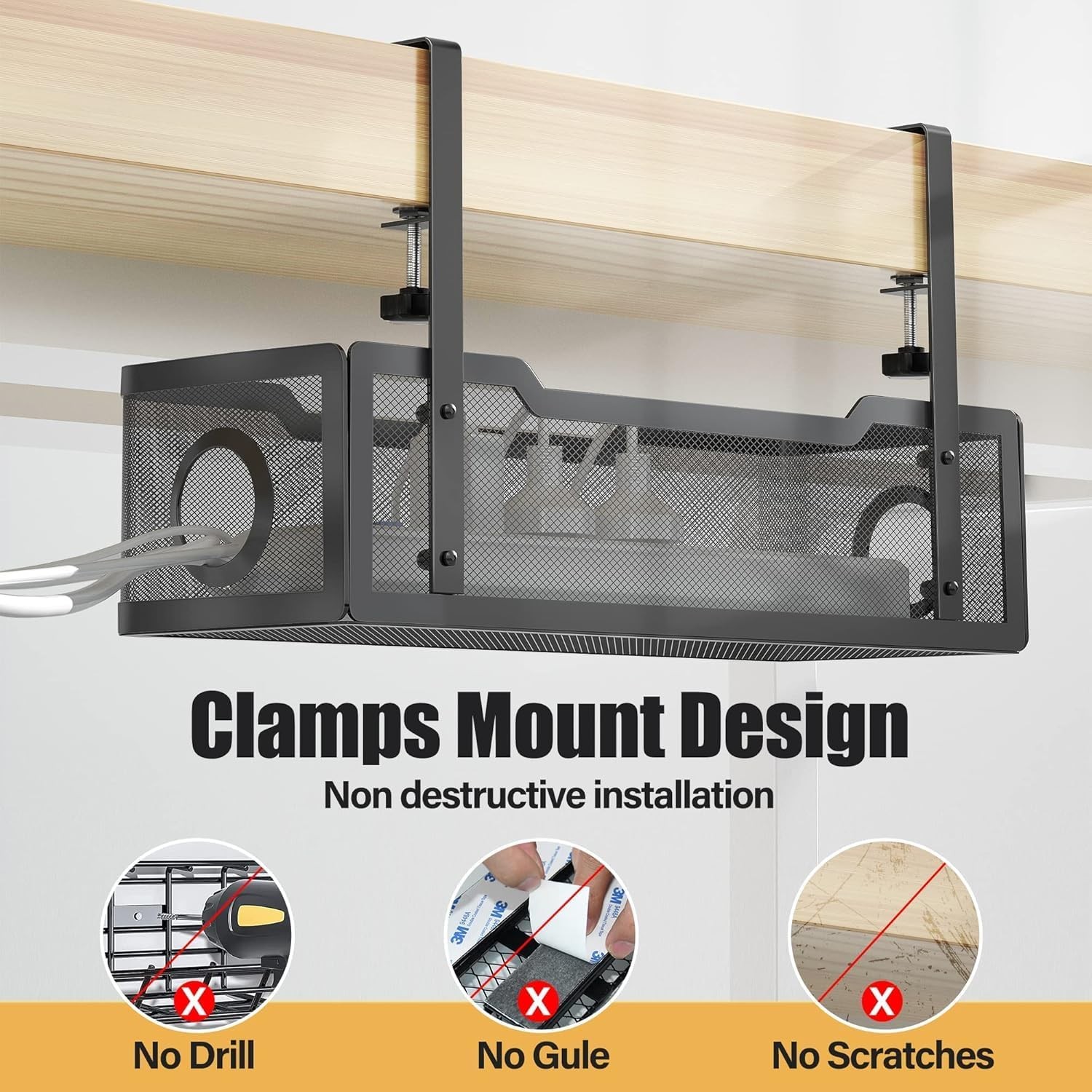 2-Pack Cable Management Tray Under Desk Wire Organizer - Black Set