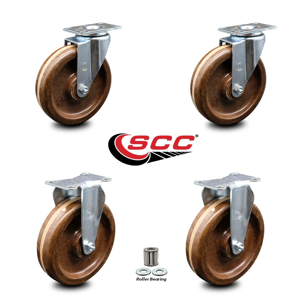 6 Inch High Temp Phenolic Wheel Swivel Top Plate Caster Set with 2 Rigid SCC