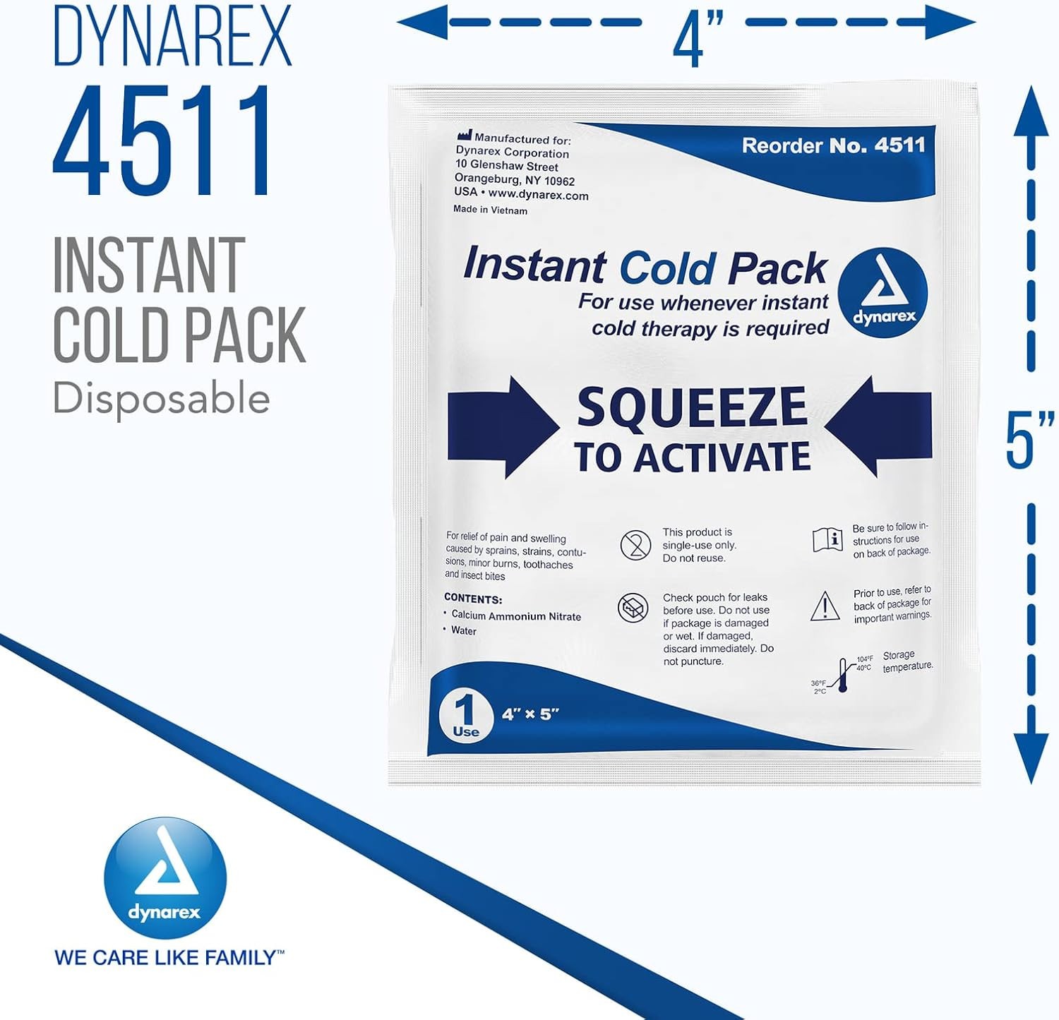 2x Dynarex Multi-Use Instant Cold Packs, No Freezing Required, 4" x 5"