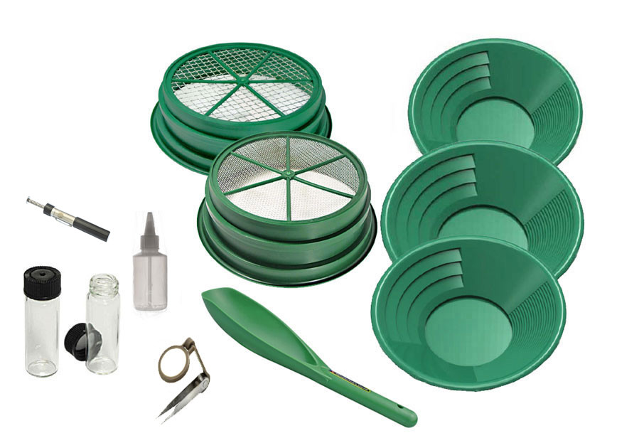 PM12 11pc Green Large Gold 1/2" & 1/4" Classifier Screen & Gold Pan Panning Kit