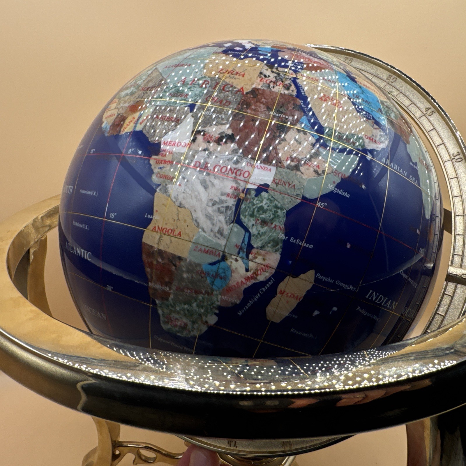 Unique Art 21" Blue Lapis Ocean Table Top Gemstone World Globe w/ Gold Tripod