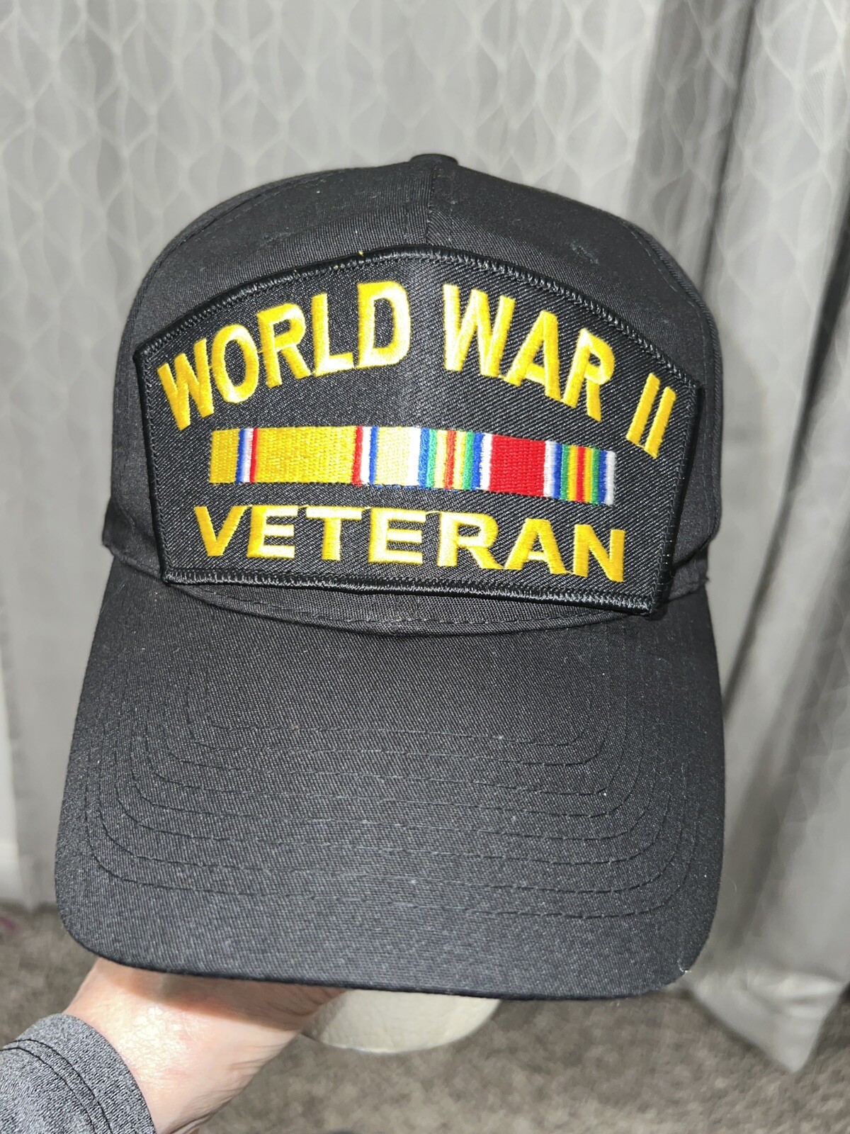World War II Veteran Bright yellow on black hat Nissin Brand EUC Snapback