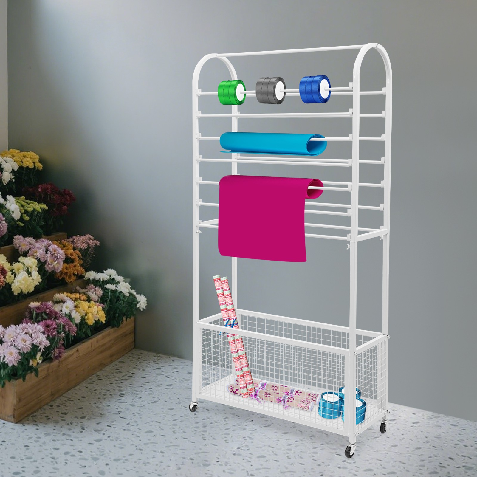 Double-Sided Ribbon Holder, White Ribbon Organizer, Ribbon Storage Display Rack