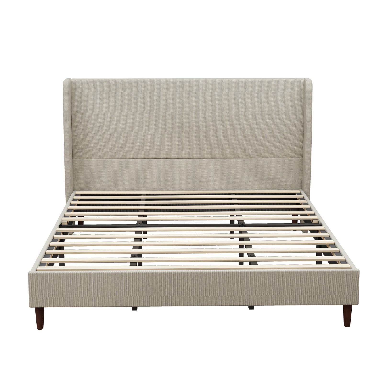 High Headboard Upholstered Bed,Beige, Linen Cloth, Platform Bed