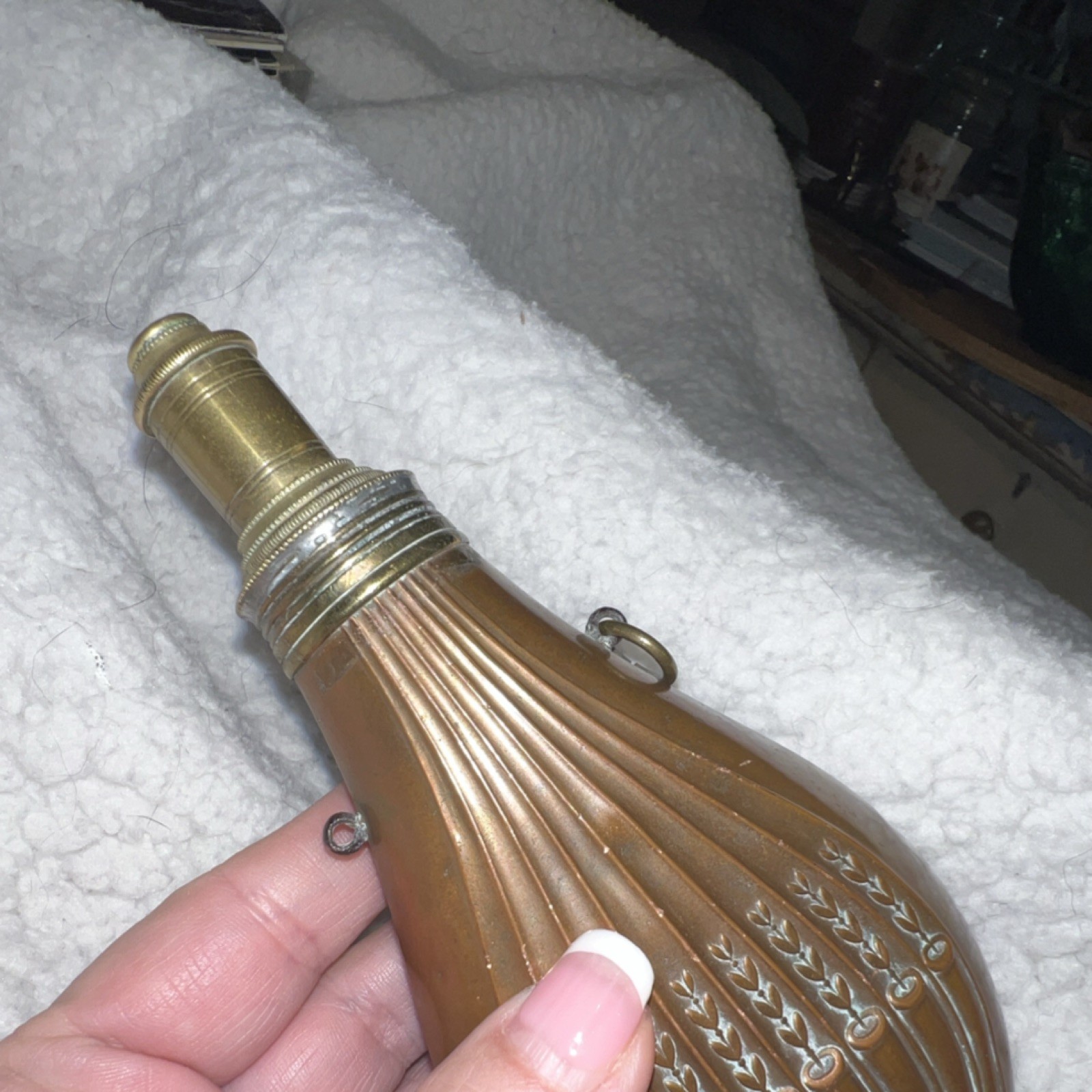 Antique Copper & Brass Black Powder Flask for Muzzleloader Rifle 6.5” long