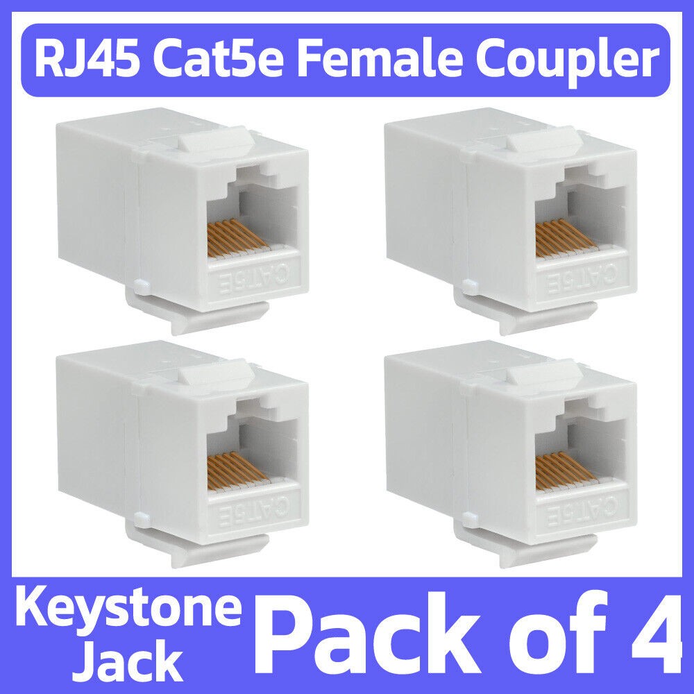 4 Pack Cat5e Keystone Jack Snap-In Ethernet Inline Coupler RJ45 8P8C Plug White