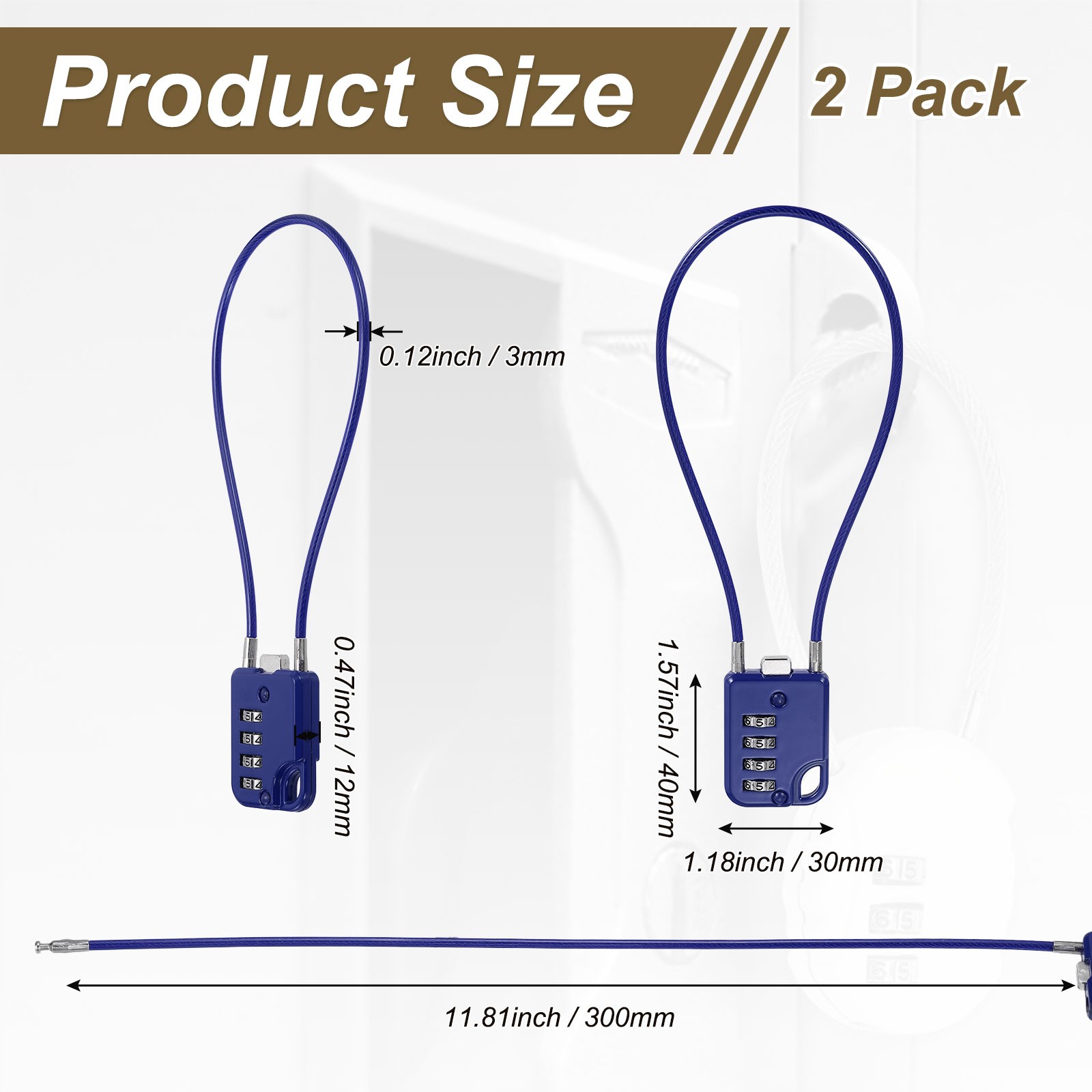 2-Pack Combination Padlock, 4 Digit 12 in Cable Luggage Lock [Blue]
