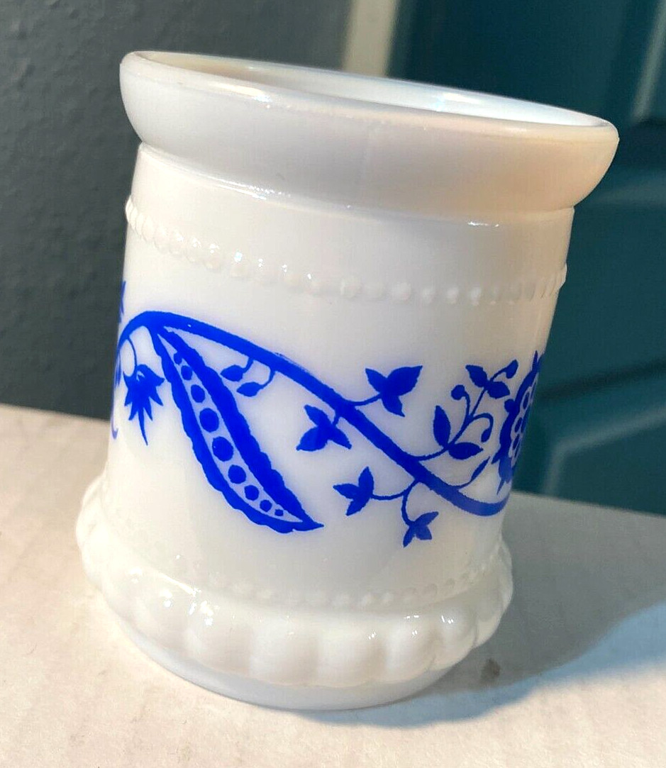 VTG Milk Glass Toothpick Holder/Jar-No Lid-Blue Cornflower Pattern-3" High-EUC