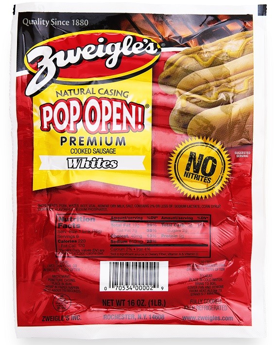 Zweigle's Natural Casing White Pop Open Hot Dogs 7 lbs
