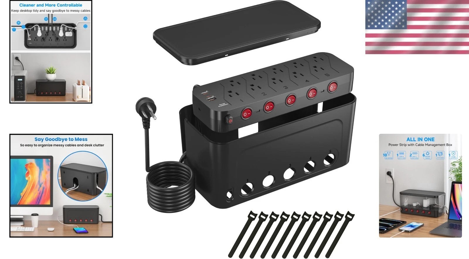 Black Power Strip Box: 10 AC + 3 USB Surge Protector, Cable Management, PD 20...