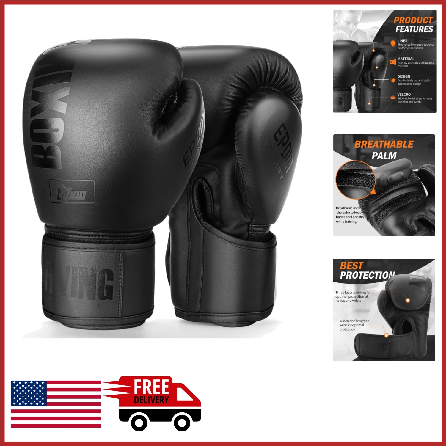Durable Boxing Gloves for Kickboxing MMA Training Black Leather 16oz Size