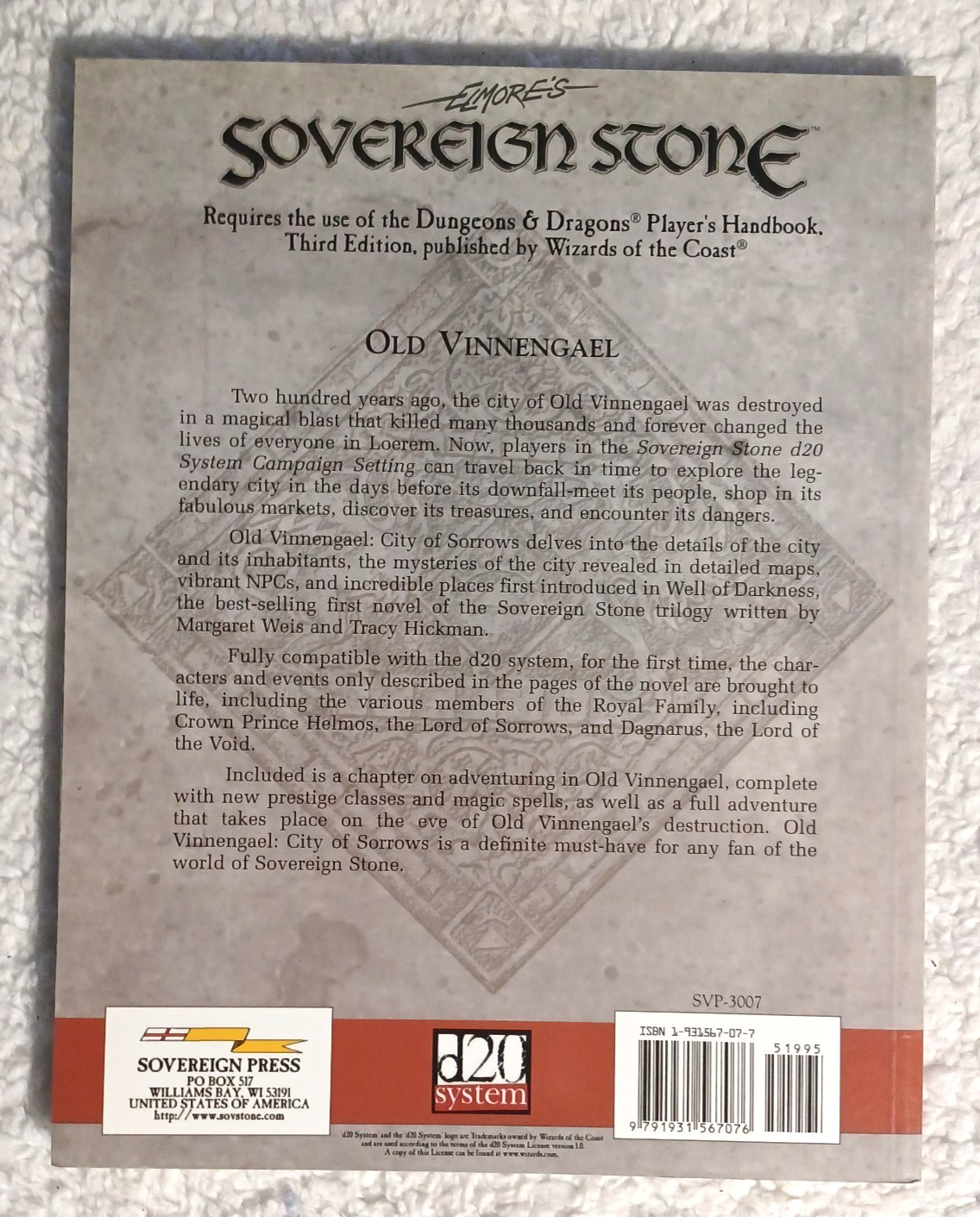 SOVEREIGN STONE: OLD VINNENGAEL RPG Sourcebook - Sovereign Press d20 - NICE!!