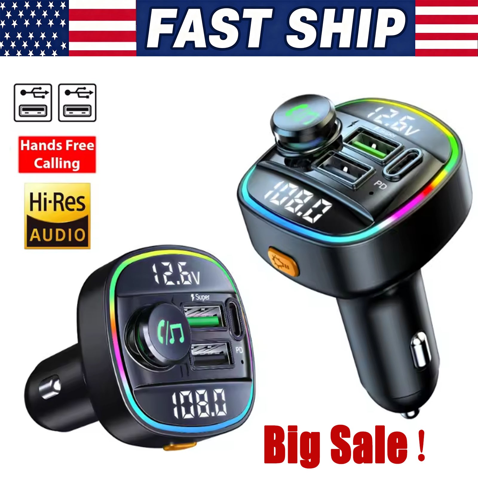 Bluetooth 5.0 Car Wireless FM Transmitter Adapter USB PD Charger AUX Hands LOT