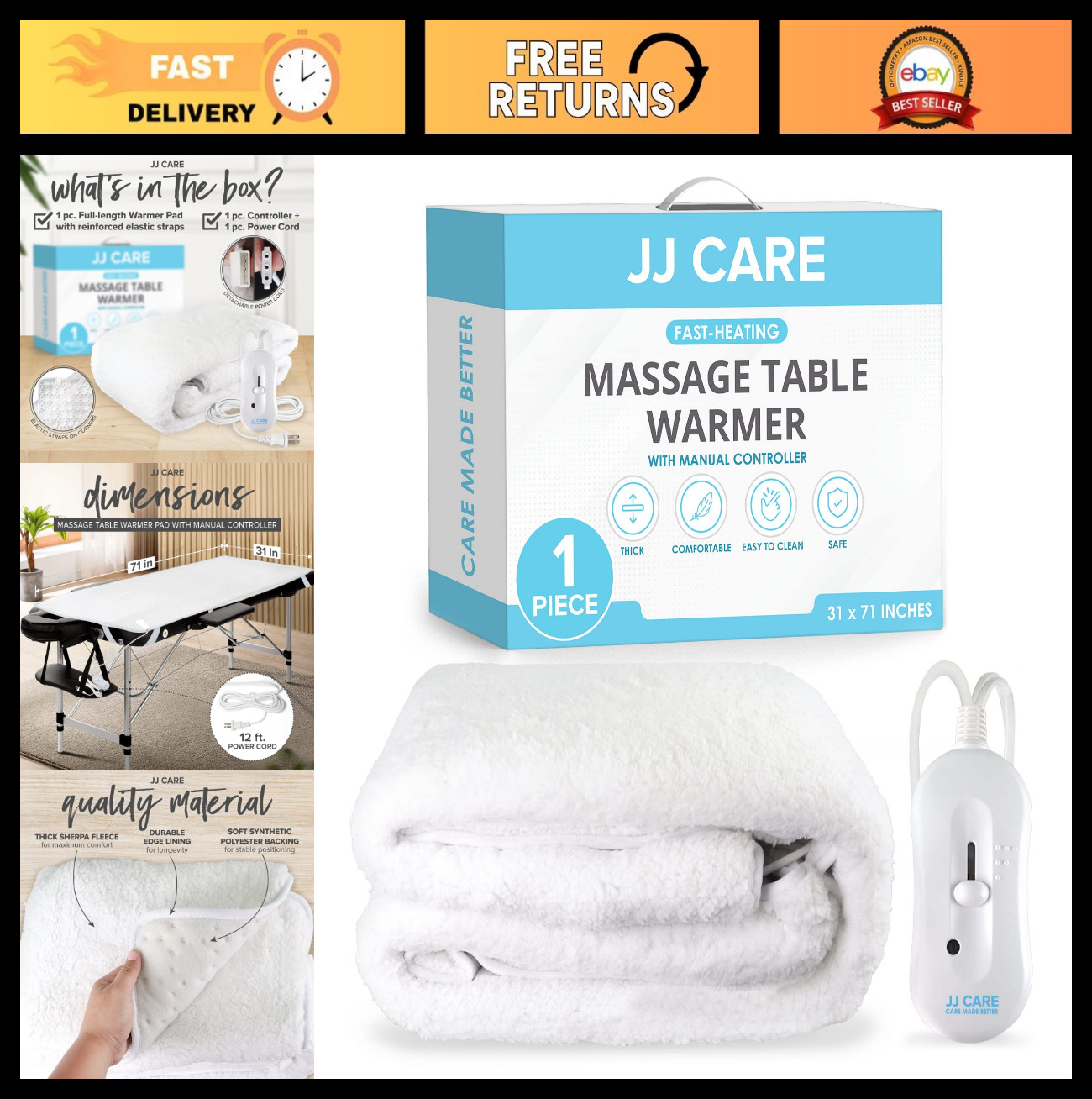 Massage Table Warmer 31"x71" - Heated Fleece Pad, 3 Heat Settings, 12FT Cord, Ov
