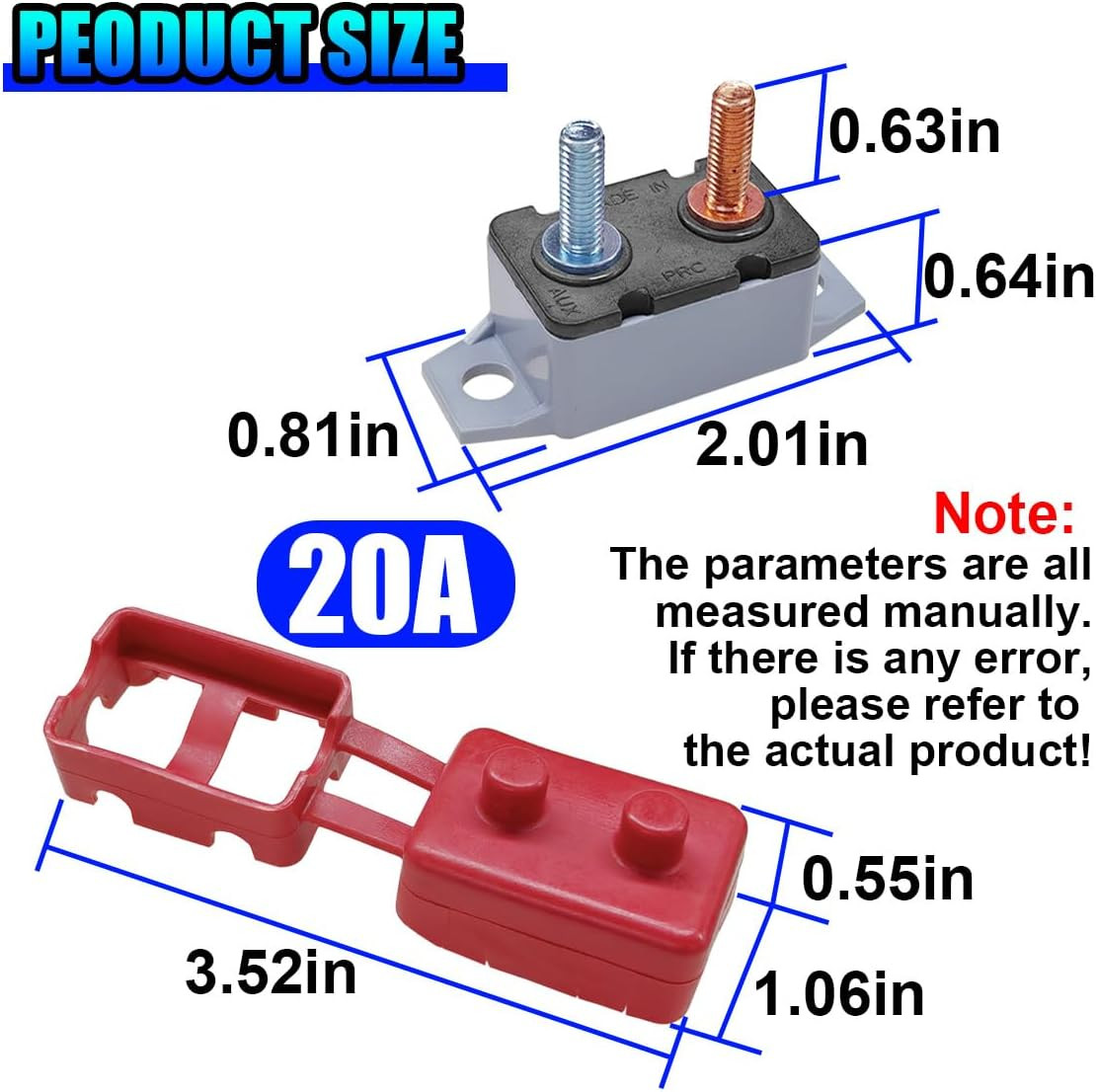 2PCS 20A DC 12V-24V Car Automatic Reset Circuit Breaker with Cover Stud Bolt, Au