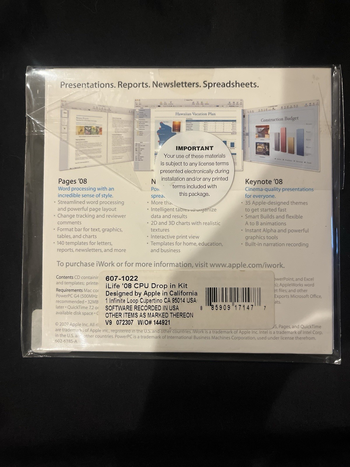 iLife Pages Keynote Numbers 08 CPU Drop in Kit Macintosh Mac Software Disc 2007
