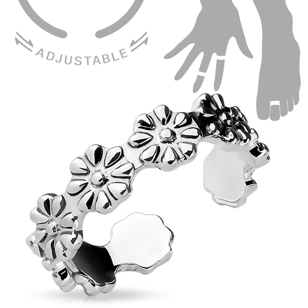 Silver Toe Ring or Mid Ring - Linked Daisy Flowers